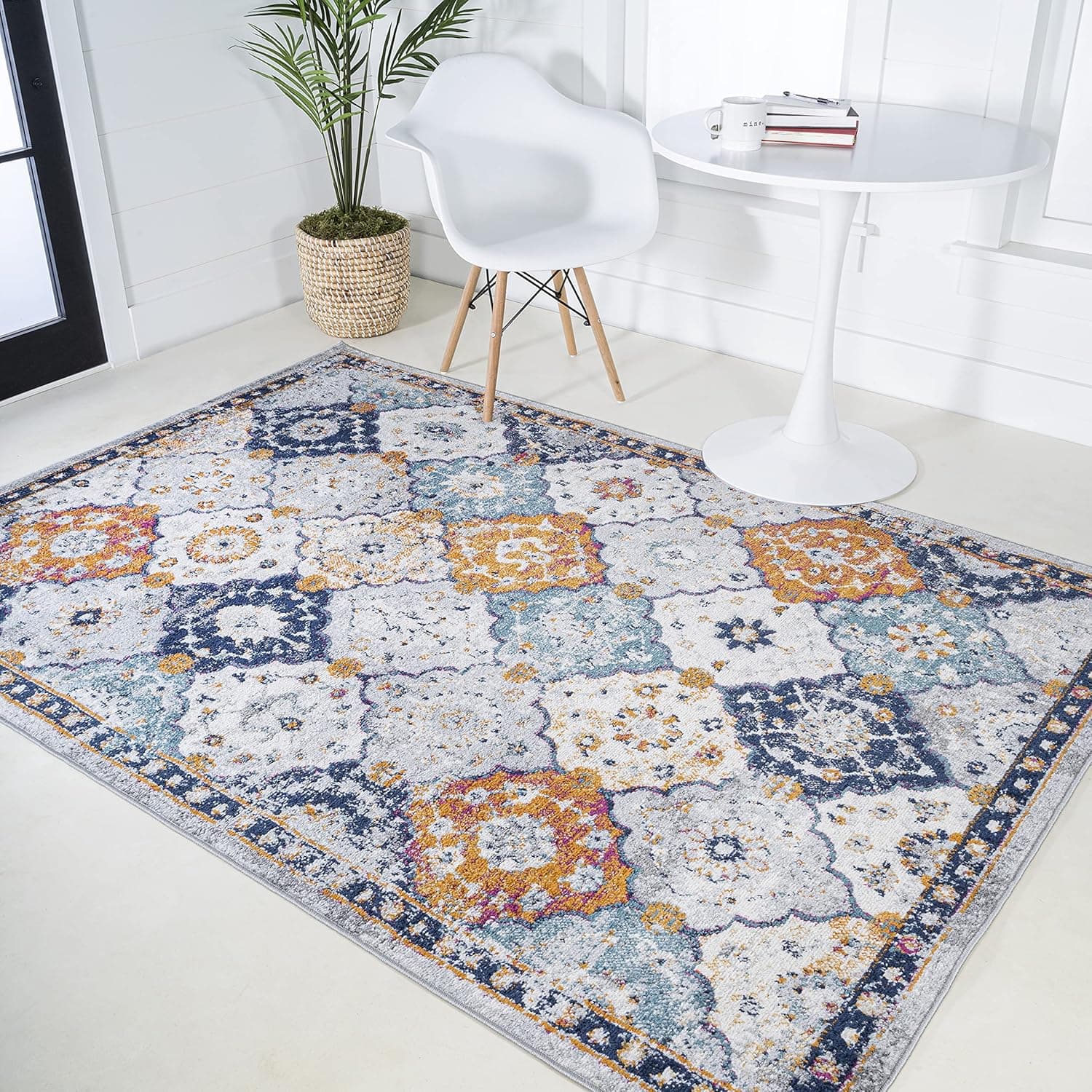 JONATHAN Y MDP214A-4 Kirman Bohemian Medallion Indoor Area-Rug Bohemian Vintage Easy-Cleaning Bedroom Kitchen Living Room Non Shedding, 4 X 6, Light Gray Blue Orange