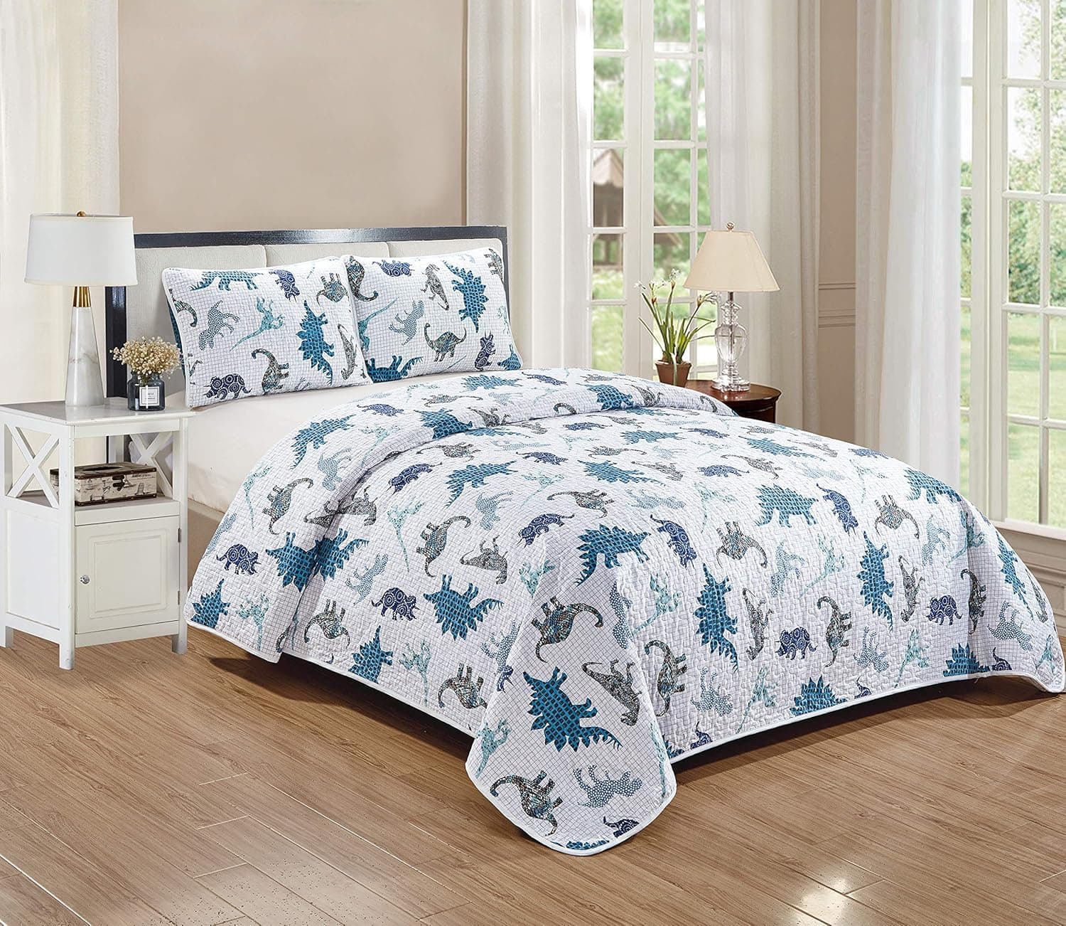 etter Home Style White Blue and Grey Dinosaur Dinosaurs World Kids/Boys/Toddler 2 Piece Coverlet Bedspread Quilt Set with Pillowcases # Dino Kingdom (Twin)