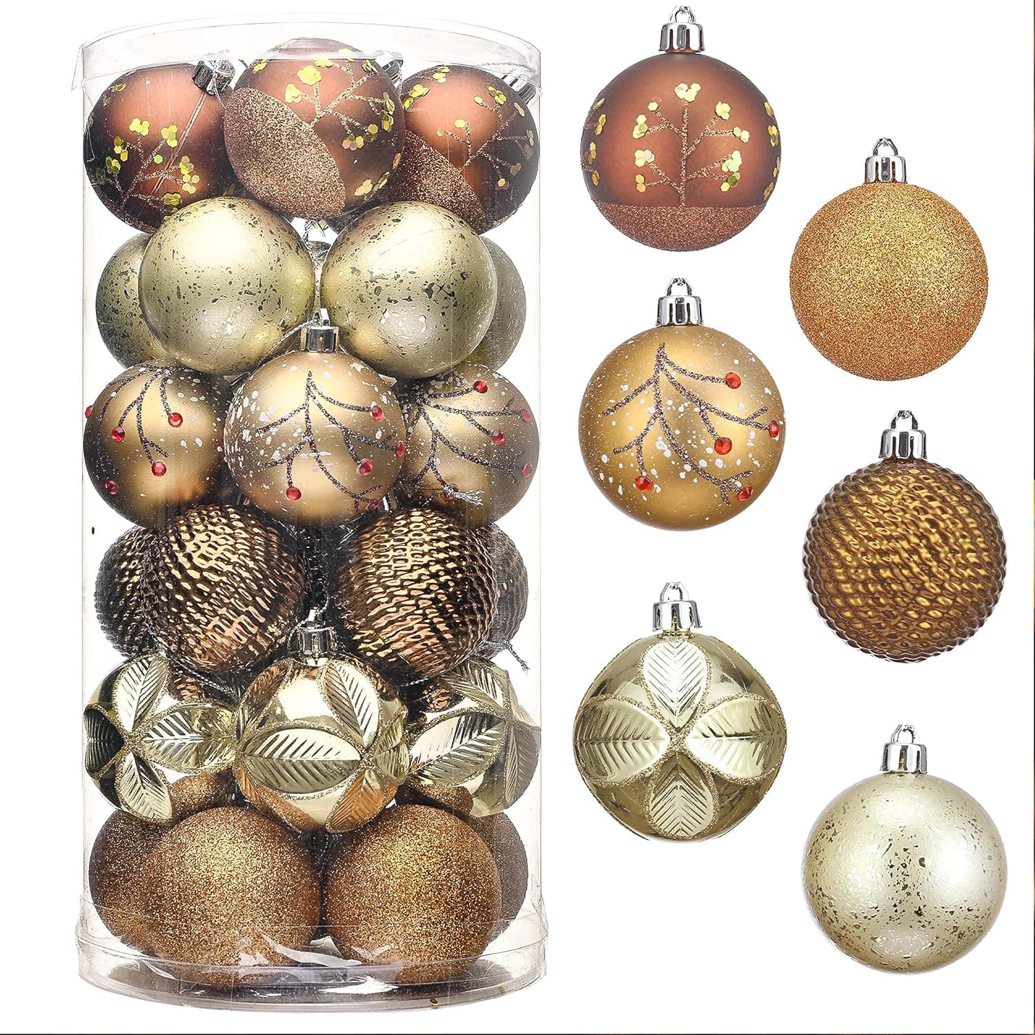 PartyBySam 30ct 60mm Shatterproof Christmas Ball Ornaments,Woodland Copper and Gold Christmas Tree Ornaments for Xmas Decorations