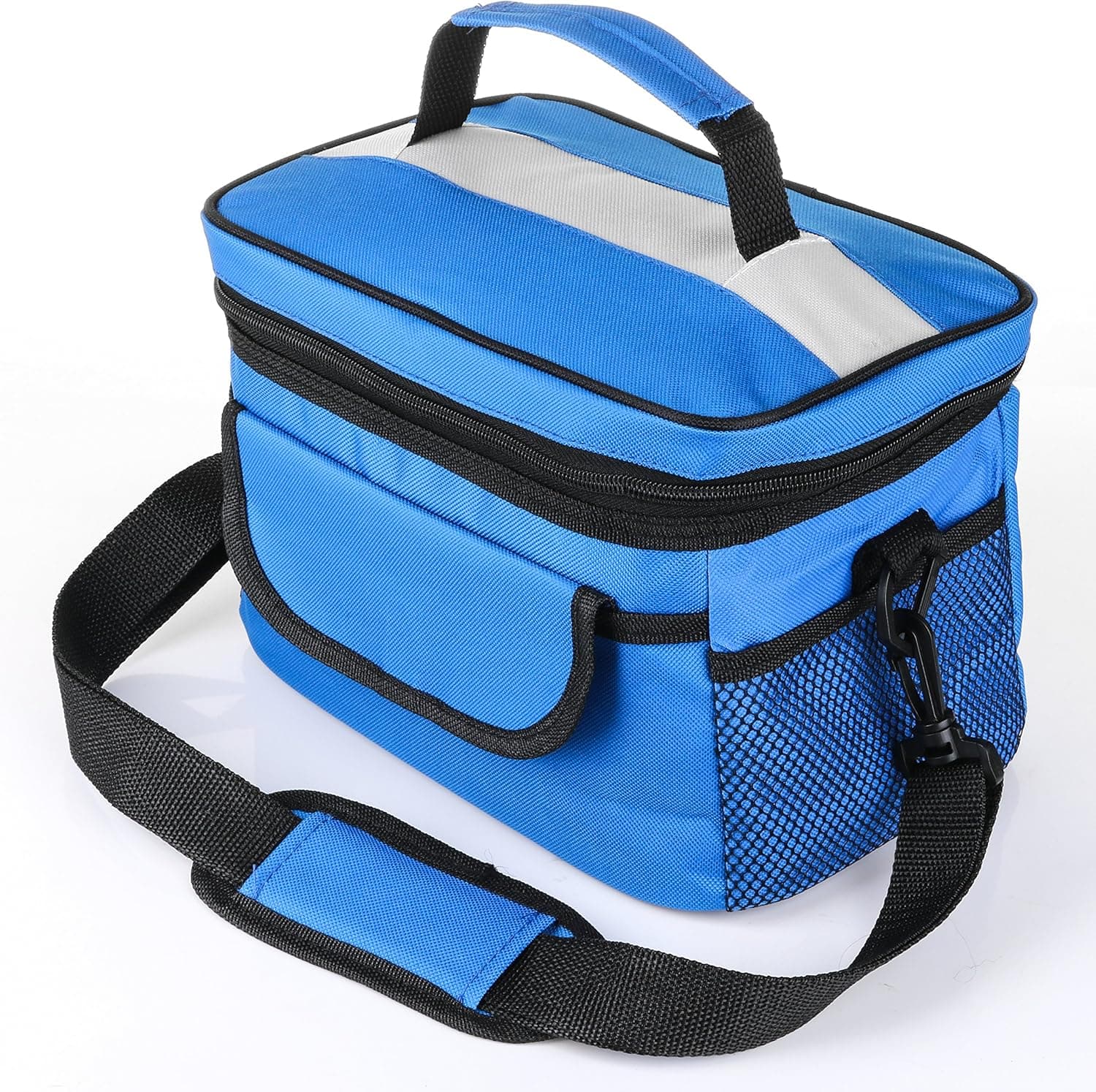 Insulated Lunch Bag, Thermal Lunch Cooler Bag Box with Adjustable Strap Front Pocket and Side Pocket for Kids Adults Picnic Work, Locks in Heat and Cold, 8L/2.1gal Size H: 7" x W: 6.7" x L:11", Blue