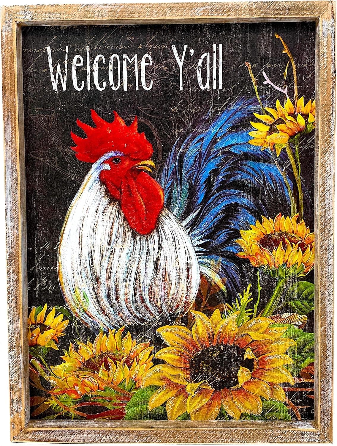Gerson Rooster Welcome Y'all Large Framed Farmhouse Colorful Wall Plaque Kitchen Room Office 12" x 16"