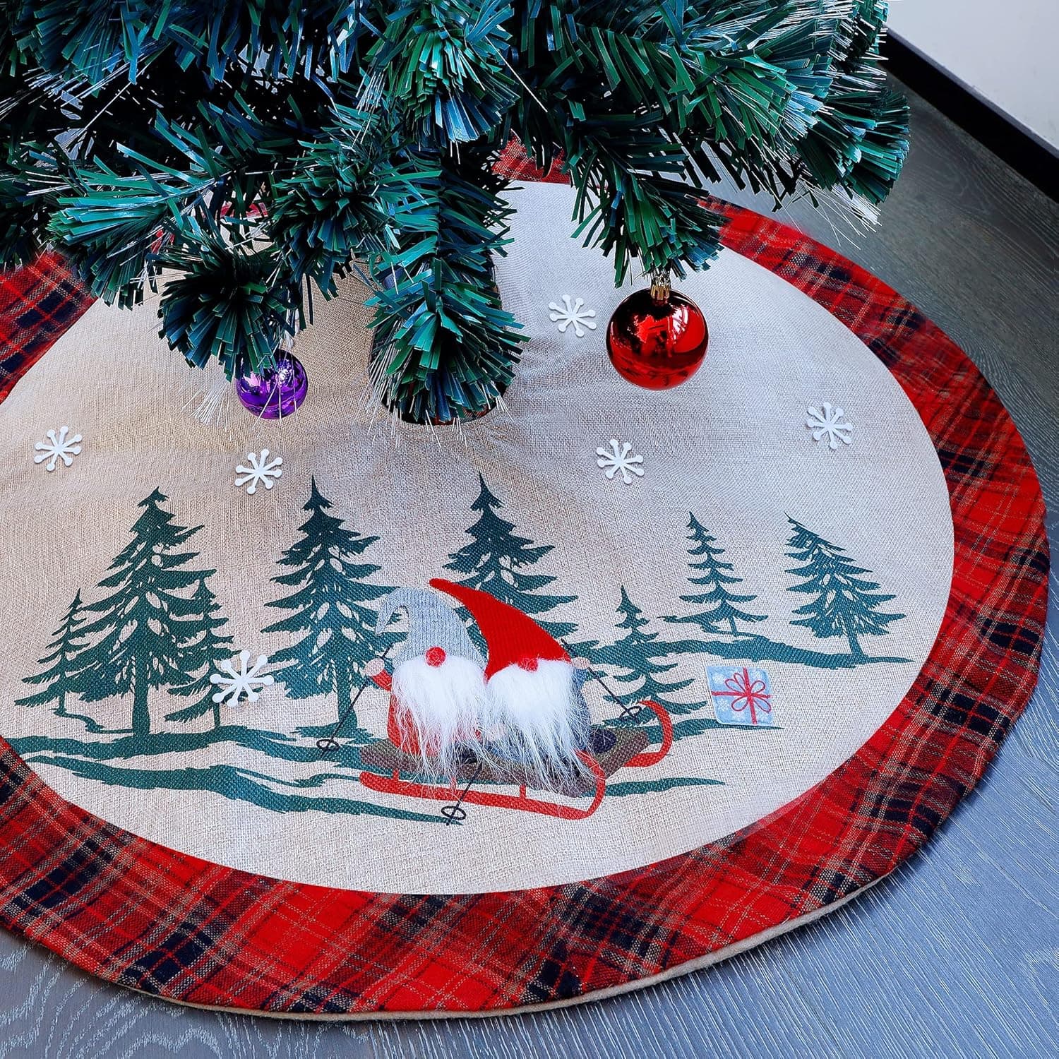 Juegoal 48 Inch Christmas Burlap Tree Skirt, Soft Red and Black Plaid Xmas Tree Mat with Gnome Sledding, Merry Christmas Base Cover for Christmas Tree Party Home Holiday Decorations