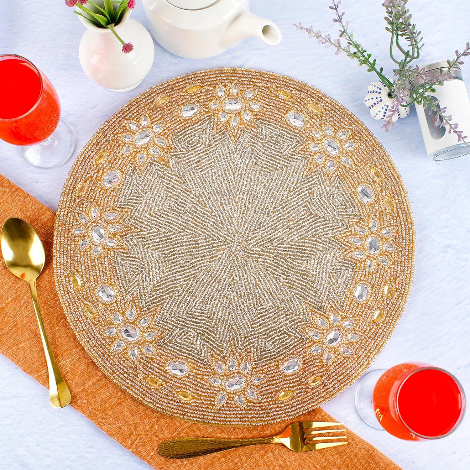 Beaded Placemats for Dining Table Beige Silver - Pack of 1 Measure 13 inches Beaded Placemats Round for Gathering, Thanksgiving - Occasional Decoration and Family Parties Celebrations.