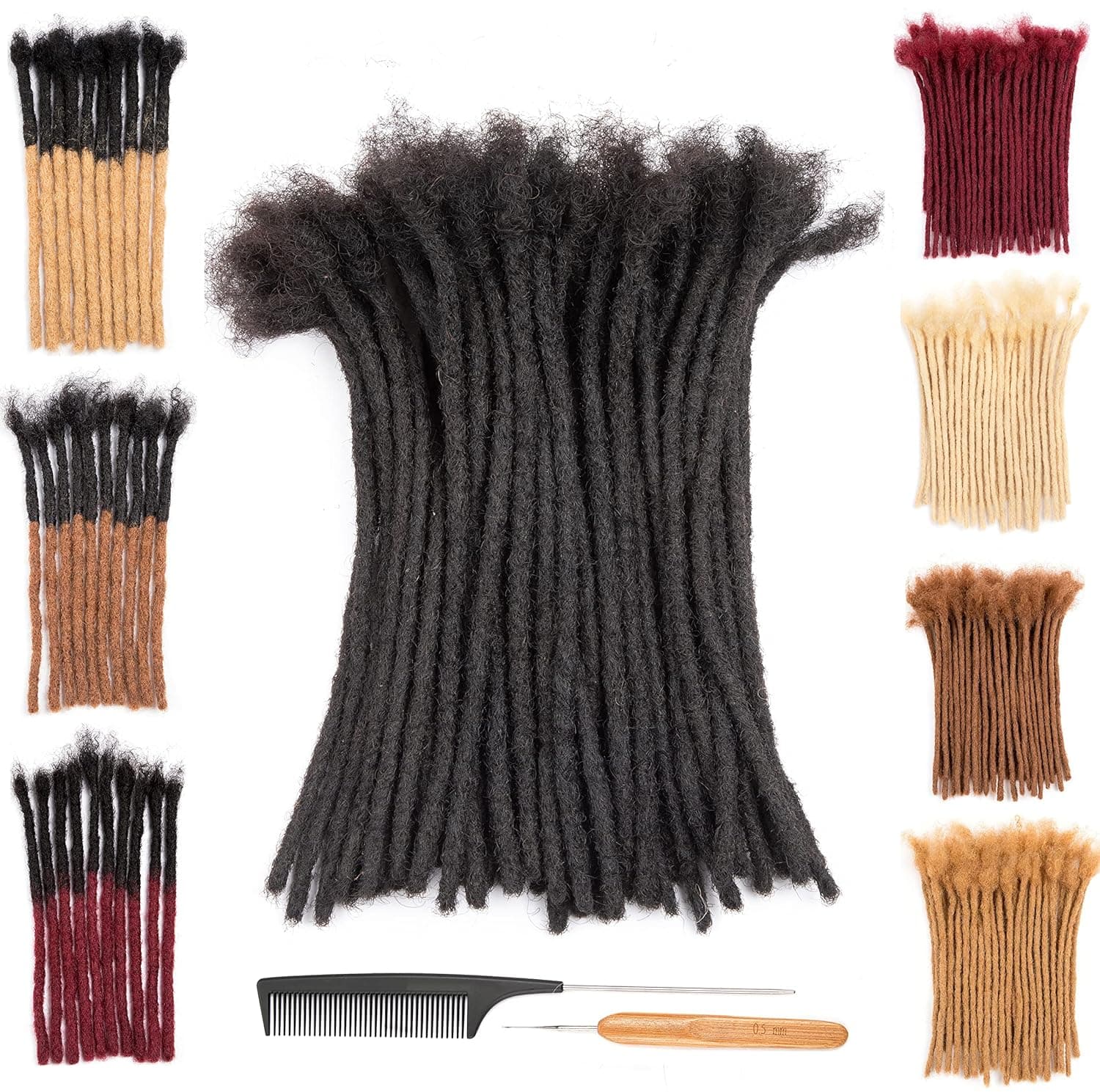 DAIXI 0.4cm and 0.6 0.8cm Thickness Options 6-18 Inch 10 Strands 100% Real Human Hair Dreadlock Extensions for Man/Women Full Head Handmade Permanent loc Extensions Bundles Can Be Dyed Bleached Curled and Twisted including Free Crochet Hook and Comb