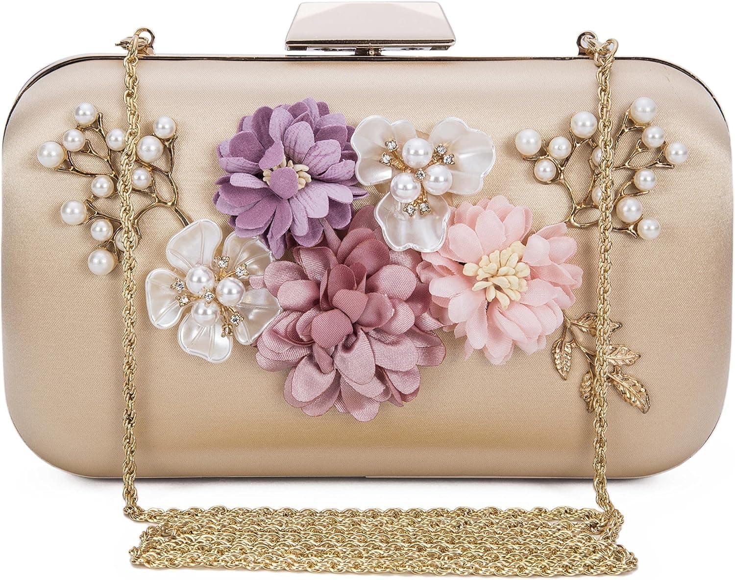 Chichitop Women's Flower Evening Clutch Pearl Beaded Evening Handbag Wedding Clutch Purse, Apricot