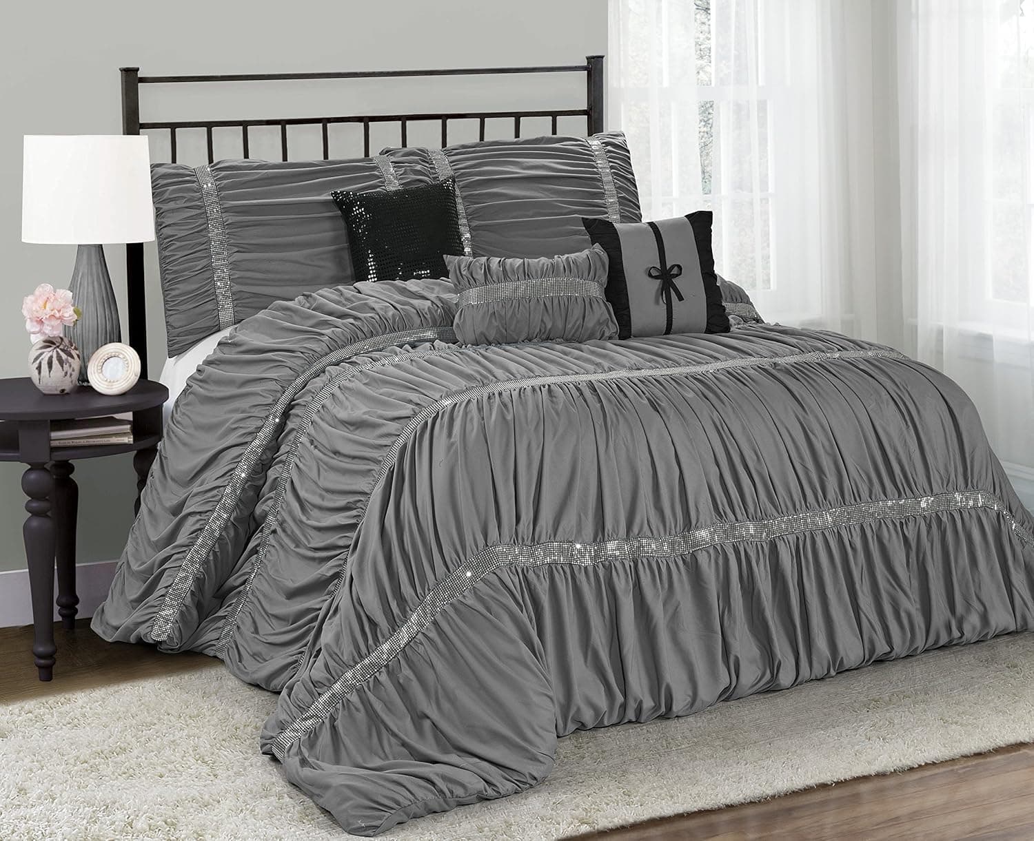 7 Piece CLARAITA Chic Ruched Pleated Comforter Set-Queen King Cal.King Size (Queen, Gray)