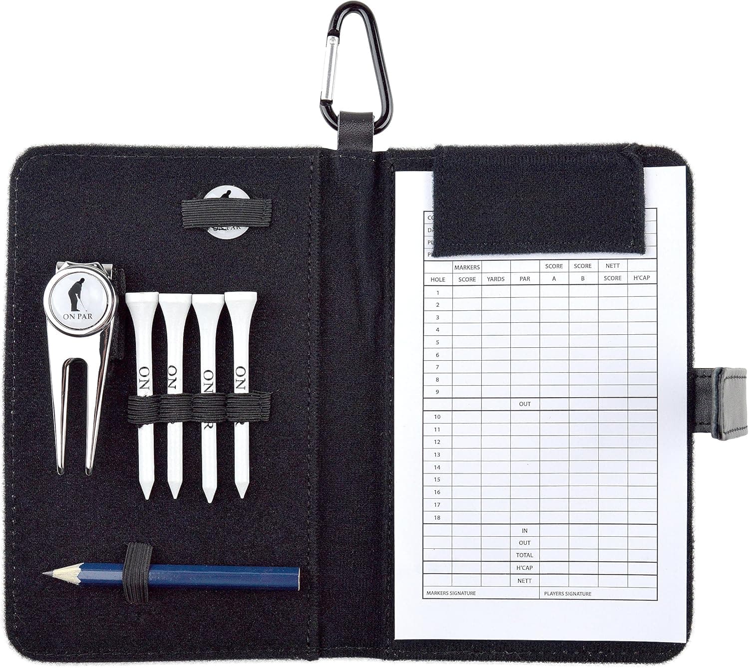 ON PAR Golf Leather Organizer in Presentation Gift Box - Divot Repair Tool, Ball Marker, Golf Tees, Pencil and Scorecard