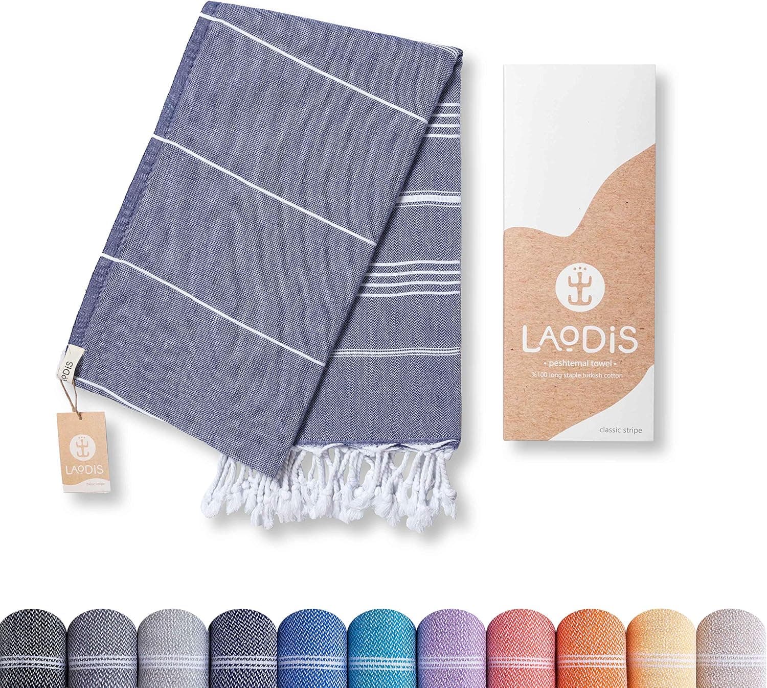 Laodis Turkish Beach Towel 39 x 71 Quick Dry Sand Free Lightweight Large Oversized Beach Towel Turkish Towels for Camping Yoga Gym Pool Travel - Blue Jean