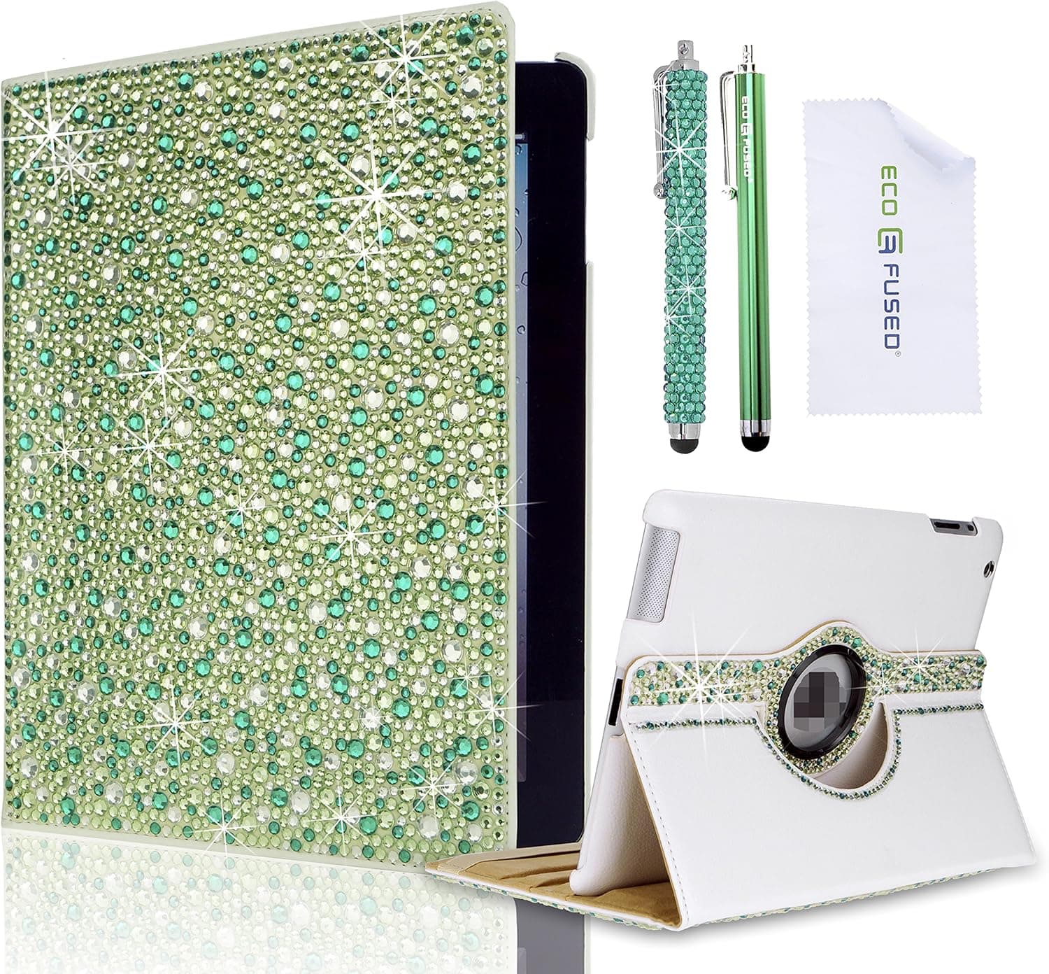 Eco-Fused 360 Rotating Faux Leather Bling Case Bundle for Apple iPad 4, 3, 2 / Bling Stylus Pen/Long Stylus Pen/Microfiber Cleaning Cloth/Cute Rhinestone Cover Perfect for Girls