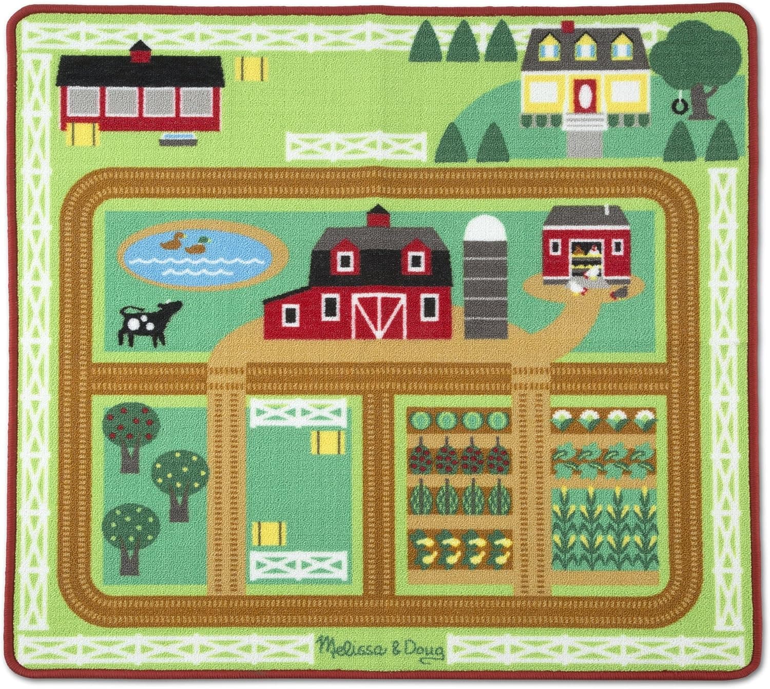 Melissa & Doug Round the Barnyard Farm Activity Play Rug (39 x 36 inches) - Wooden Tractor, Trailer, 3 Toy Animals