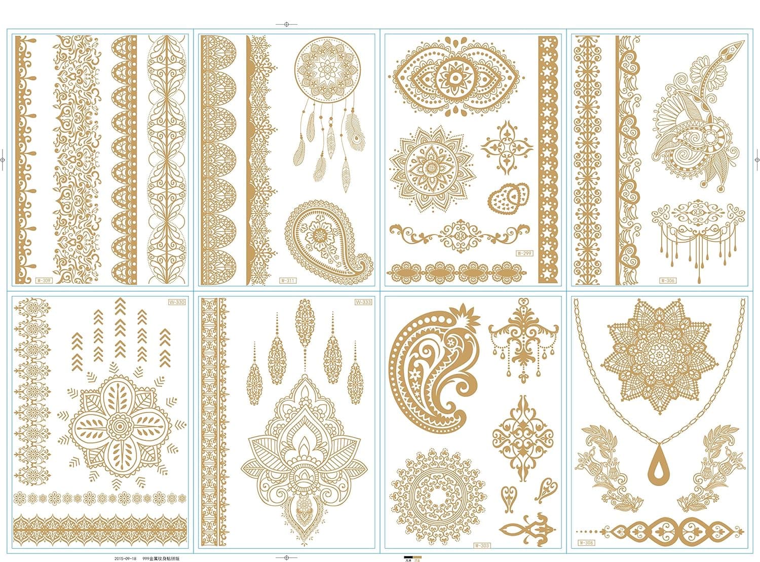 1TattooWorld 8-Sheets (6"x 8") Metallic Temporary Tattoos, 38 Super Large Tattoo Designs, OTW-TMPTS802