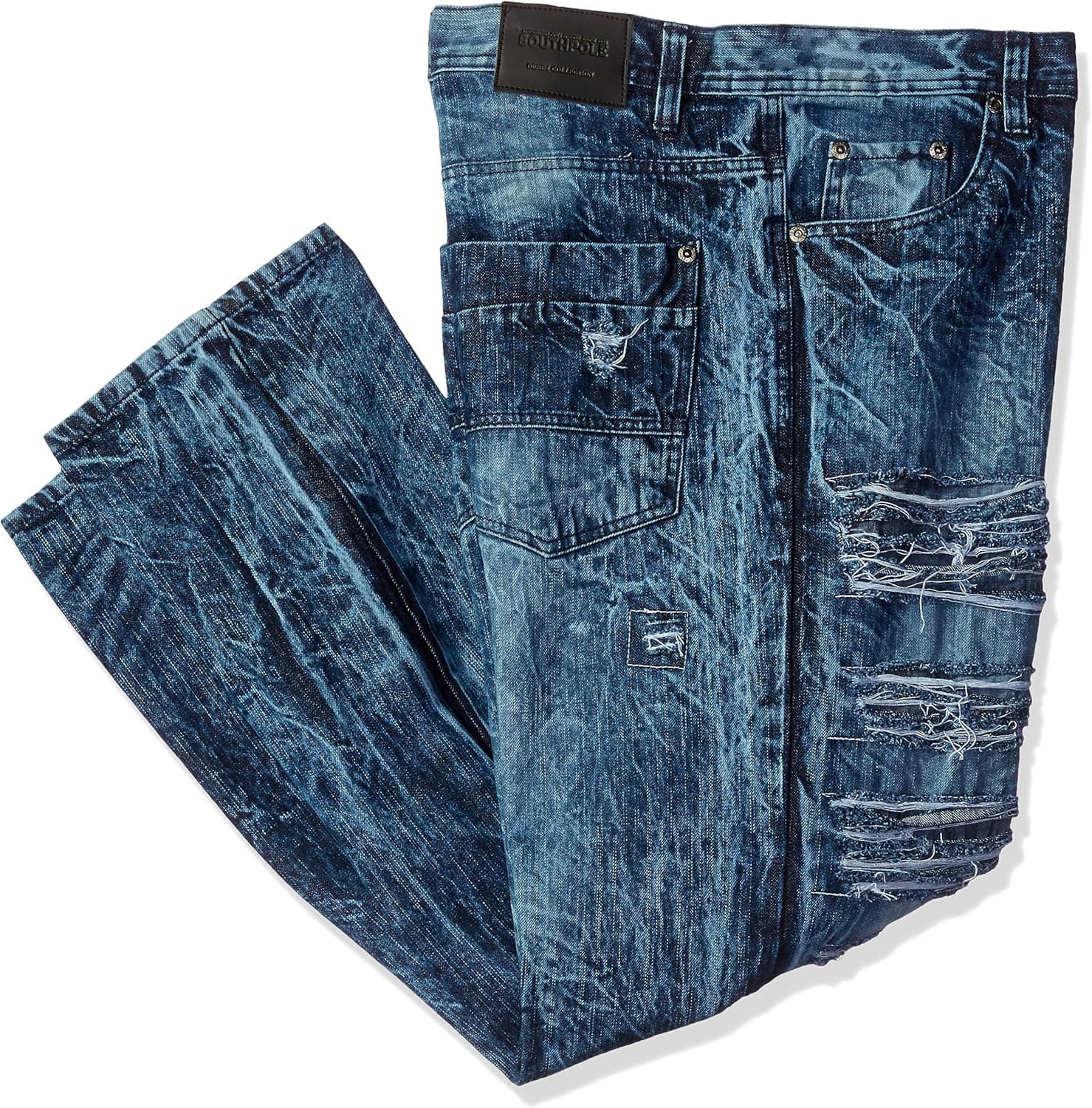 Southpole Men's Big and Tall Denim Pants Long Destructed Ripped and Repaired in Washed Colors