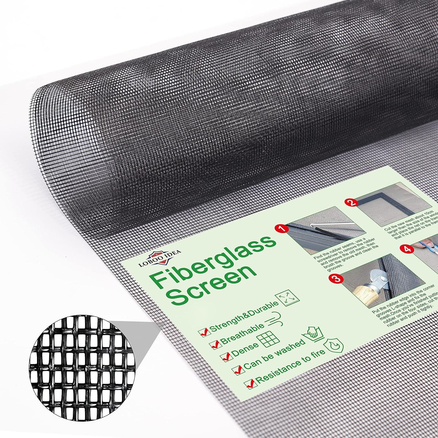 Loboo Idea Fiberglass Window Screen Mesh Replacement (100x200cm,Black)