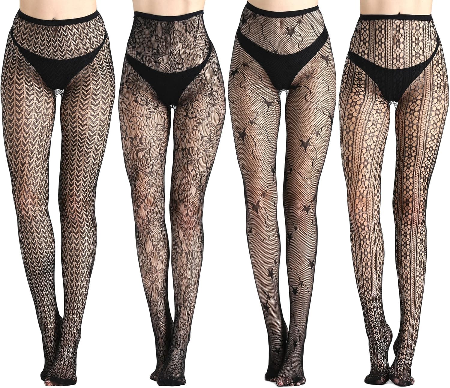 Cherrydew Womens Fishnet Tights Suspender Pantyhose Thigh-High Stockings Black 4 Pairs