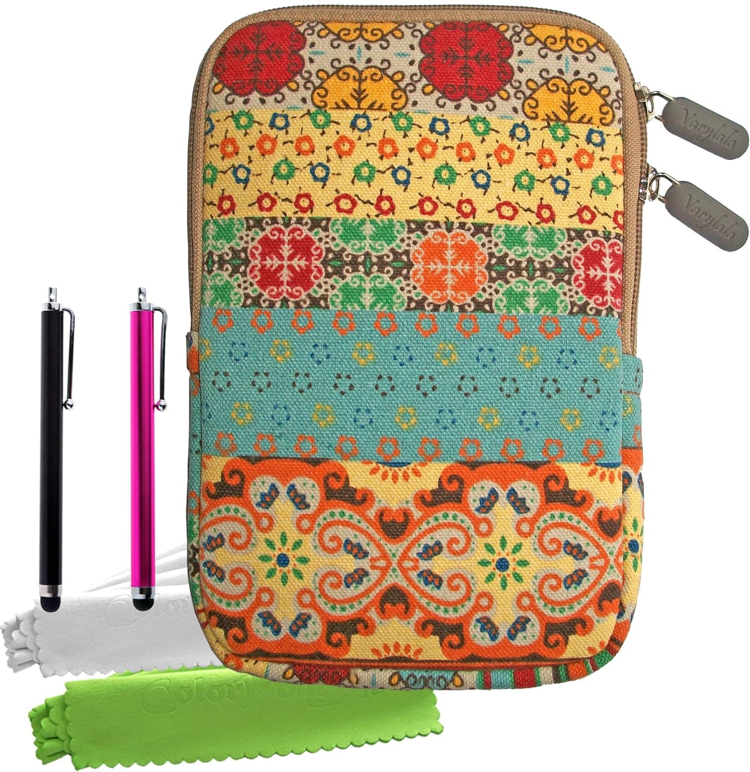 ColorYourLife Bundle of Canvas Fabric Bohemian style 7-inch Tablet Sleeve Case Bag for Samsung Galaxy Tab 3 Barnes & Noble NOOK HD Google Nexus 7 (2013) / HP Slate 7 Extreme / HP Slate 7 / Dell Venue 7 / Acer Iconia B1-720 / Asus MeMO Pad HD 7 with 2 Stylus Pens and Microfiber Cleaning Cloths (Colorful Bohemian pattern, 7 inch)