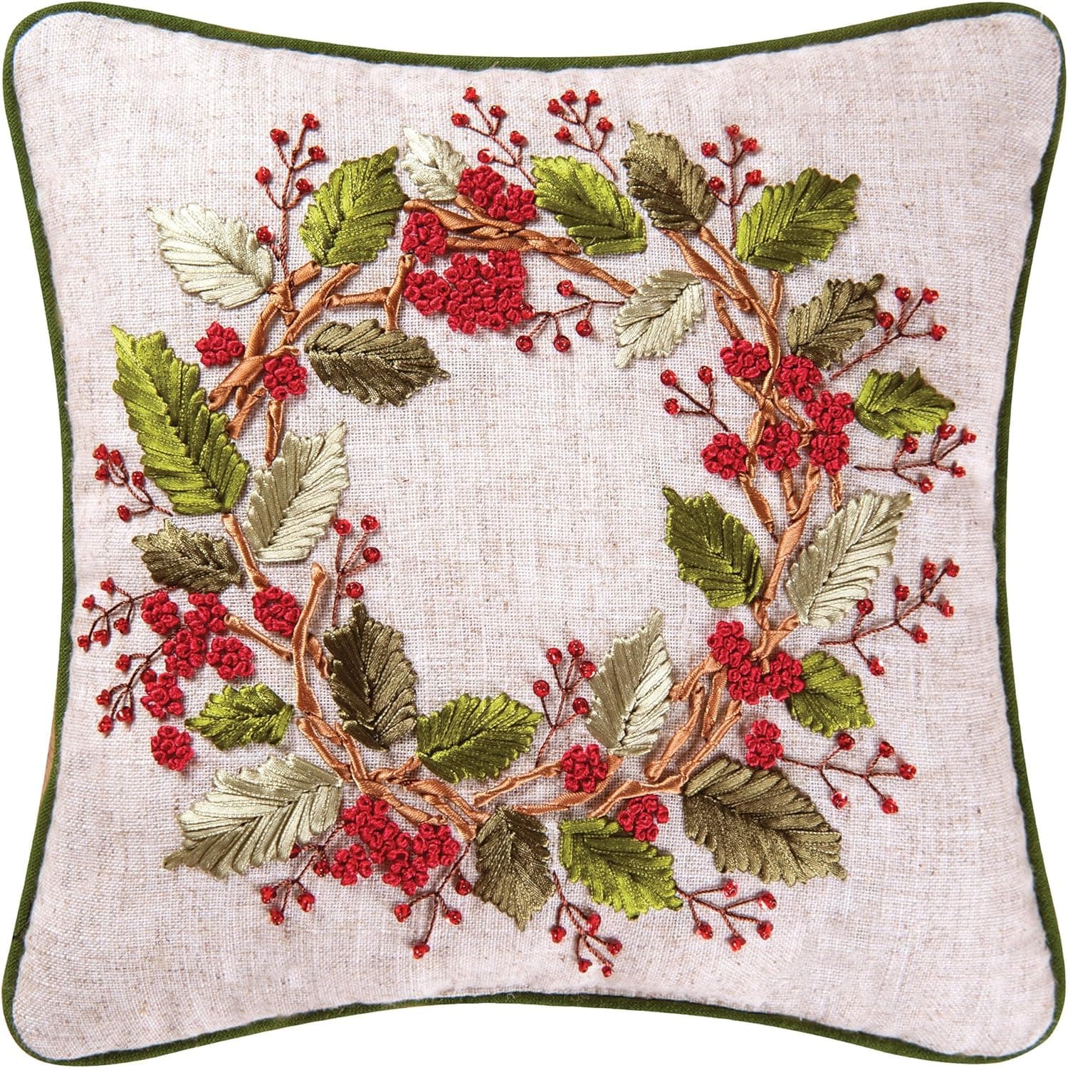 C&F Home Berry Wreath Christmas Botanical Holiday Xmas Handcrafted Red Green Premium Ribbon Cotton Art Throw Pillow 12 x 12 Multi