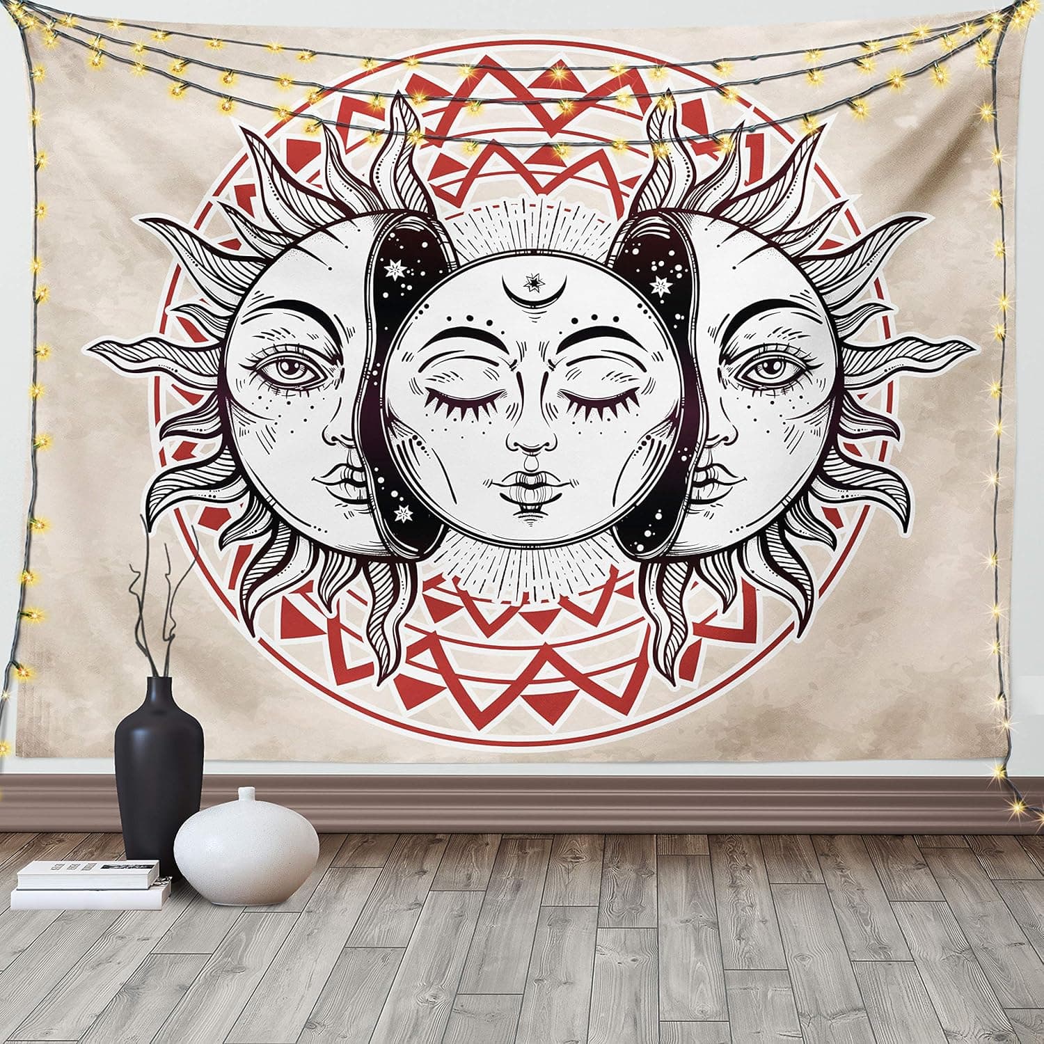 Ambesonne Moon Tapestry, Oriental Elements with Abstract Style Heavenly Bodies Tattoo Style, Fabric Wall Hanging Decor for Bedroom Living Room Dorm, 90" X 60", Black Ruby