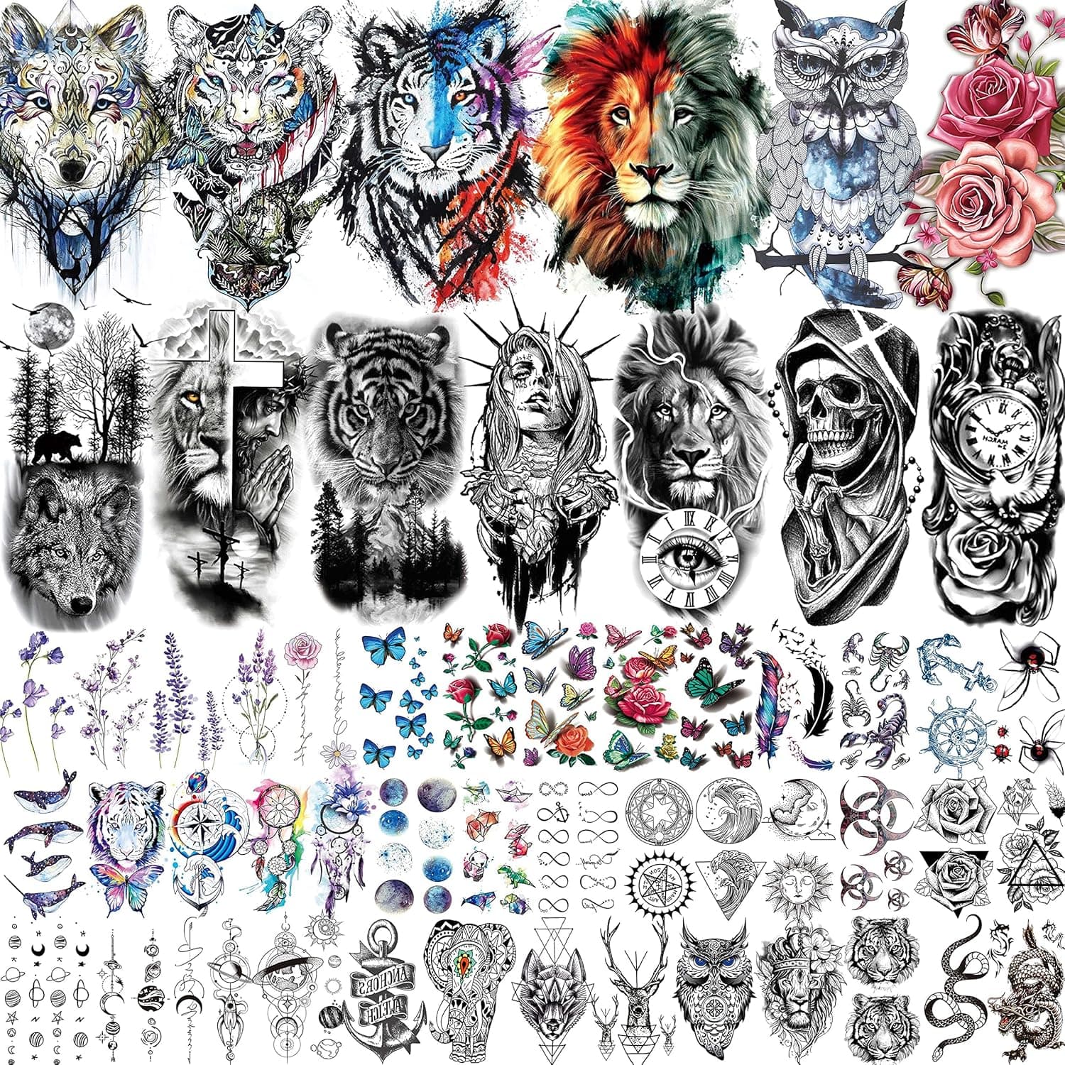 VANTATY 54 Sheets Large Watercolor Lion Wolf Tiger Owl Flower Temporary Tattoos For Women Adults Thigh, 3D Long Lasting Temp Tattoo Sticker For Men Arm Chest, Fake Tattoos That Look Real And Last Long