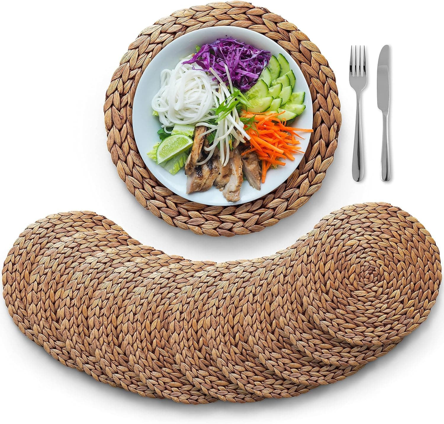 (Sizes: 12"-13"-14") BLUEWEST Woven Placemats Set of 10, Brown Round Rattan Placemats, Wicker Water Hyacinth Placemats, Braided Placemats, Heat Resistant/Anti-Slip for Dining Table (14" - Set of 10)