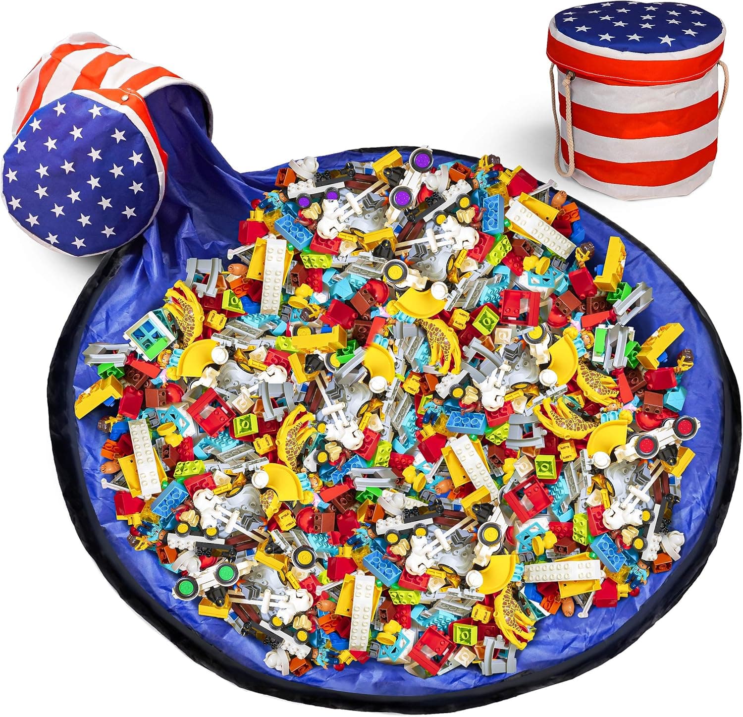Toy Storage Basket with Play Mat for Kids, 4th July Gift, Portable Collapsible Canvas Chest Bag, Organizer for Bedroom or Classroom, American Patriotic Design