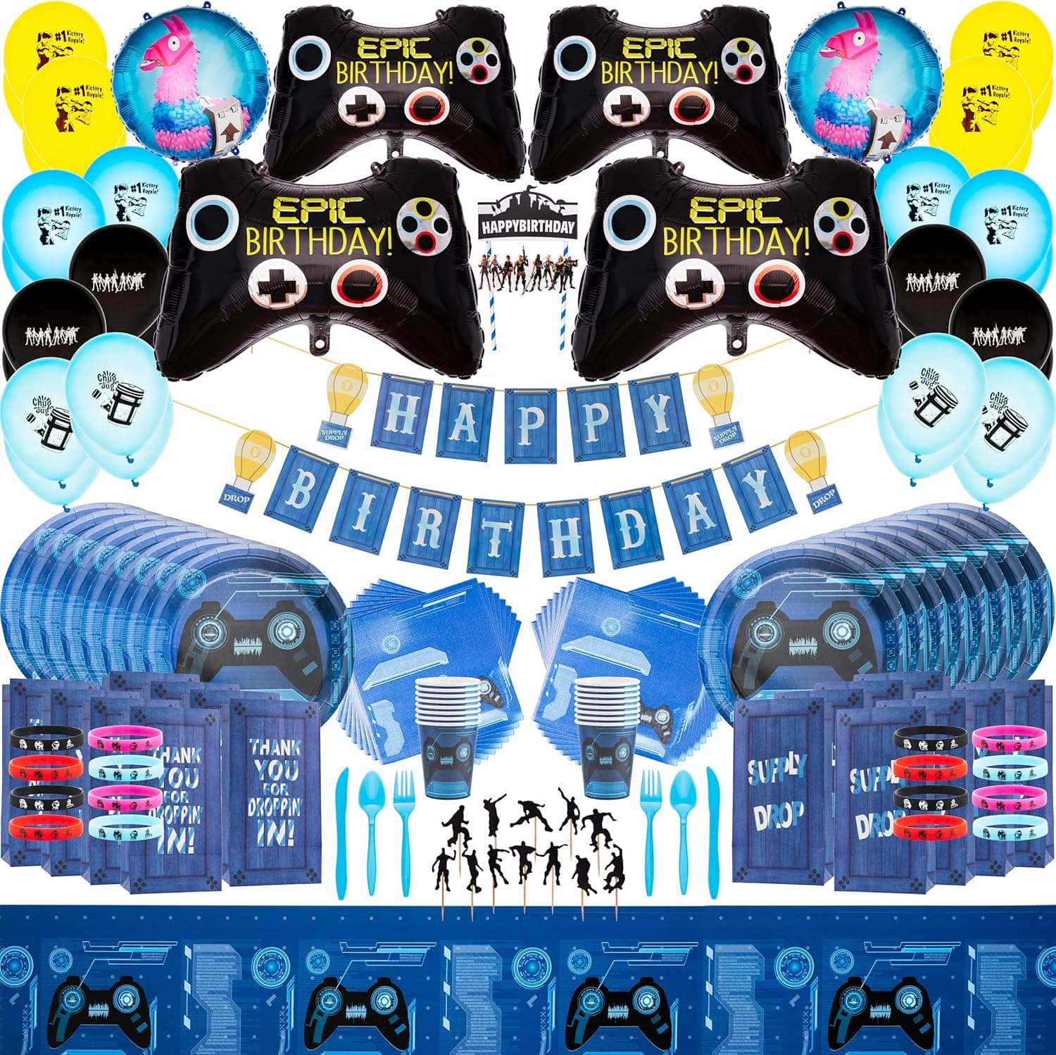 Video Game Party Supplies Kit - By Momma Sharks - Complete Party Kit for Birthday Gaming Decorations - Favors Cake Topper Plates Utensils Large Foil Controller Balloons Printable PDF Gamer Invitations
