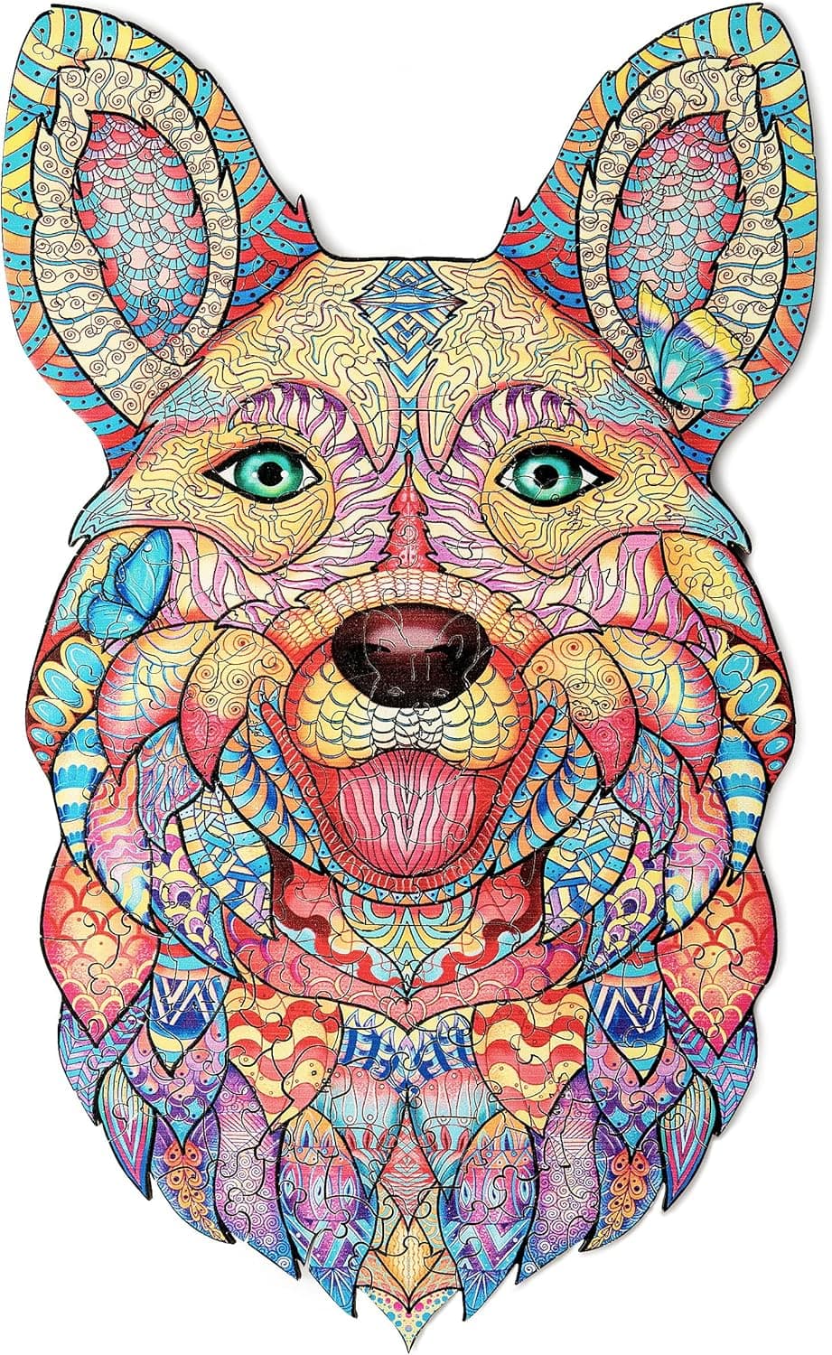 Dabysto Wooden Puzzle for Adults 150 Pieces with Wooden Box and Stand - 7.1 x 11.7 Inches Wood Cut Puzzles - Challenging Wooden Jigsaw Puzzles for Adults - Animal Shaped Puzzles Corgi and Butterflies