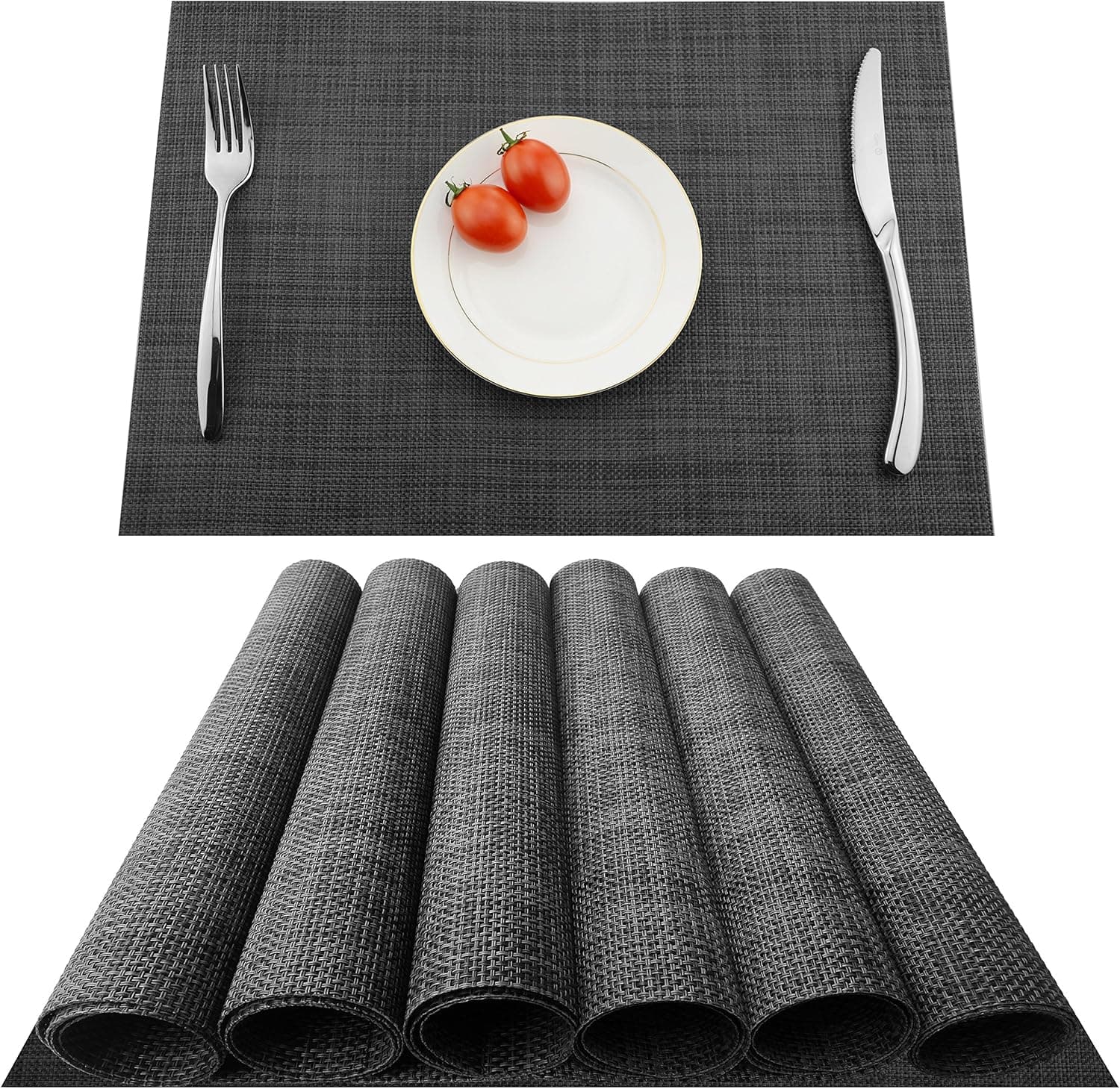 KOKAKO Placemats Heat-Resistant Washable Dining Table Place Mats PVC Kitchen Table Mats by,Set of 6(Dark Gray)