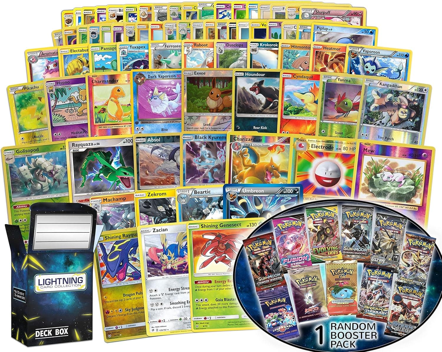 Lightning card collection Assorted Cards & Booster Pack Set, Includes foil/Holographic Cards, Rare Cards, and a Bonus Booster Pack w/a LCC Box That is Compatible with Pokemon Cards