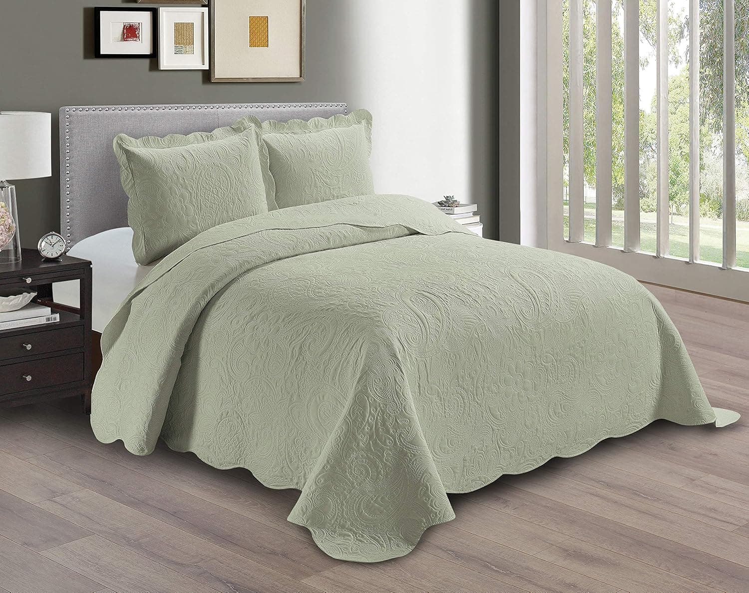 Smart Linen Solid Embossed Coverlet Bedspread Set Oversize New # Dana (Full/ Queen, Light Green)