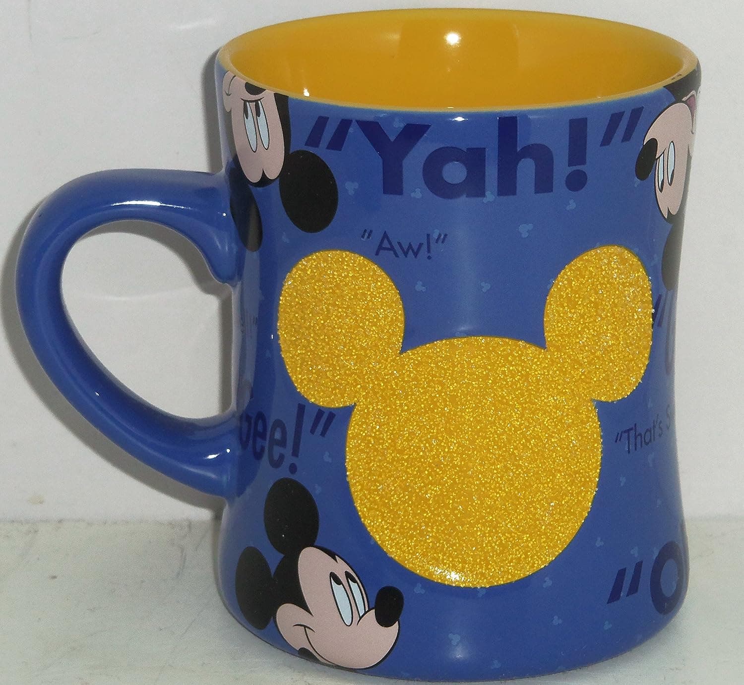 Disney Mickey Mouse Coffee Mug Cup Blue Yellow Verbage Theme Parks