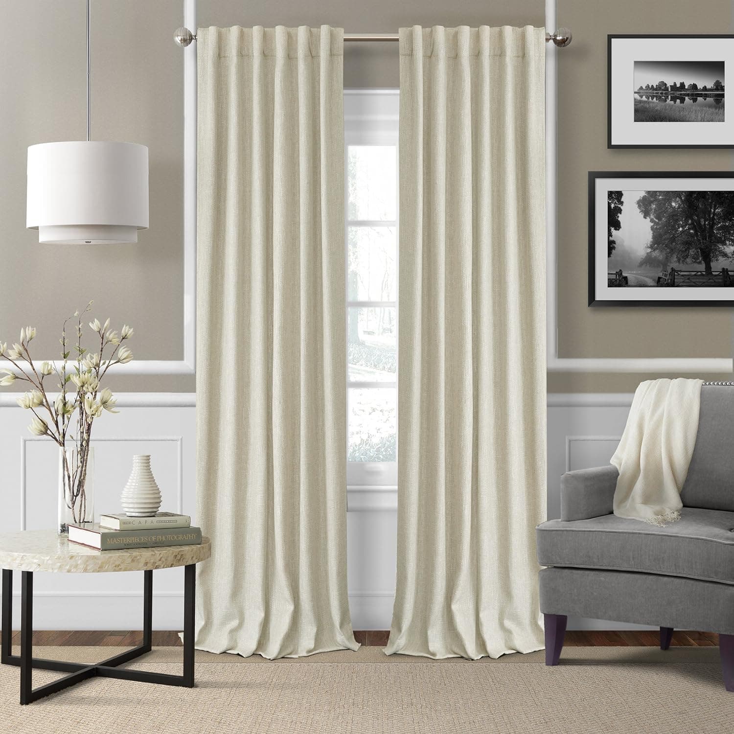 Elrene Home Fashions 26865900958 3-in-1 Blackout Energy Efficient Lined Linen Rod Pocket Window Curtain Drape Panel, 52" x 95", Ivory, 52 in x 95 in (1