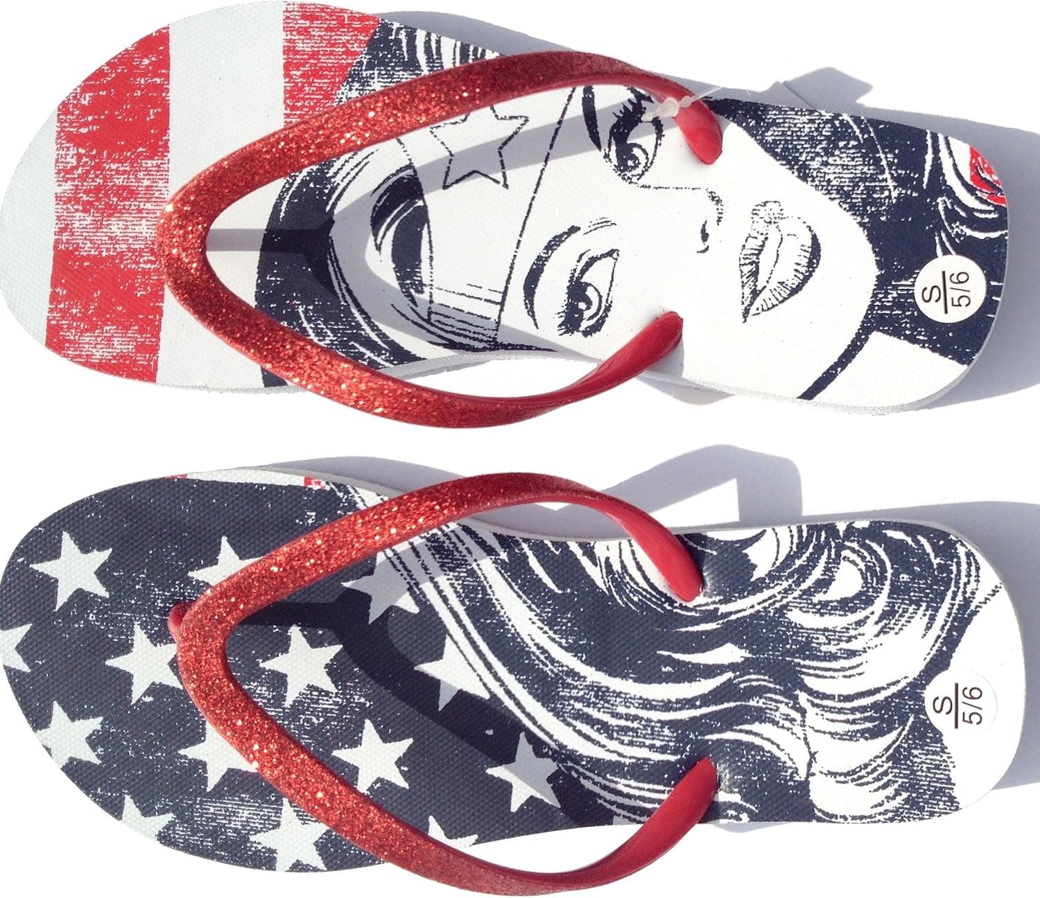 DC Comics Wonder Women Stars & Stripes Flip Flop Thong Sandals (Small (5-6 M US), Red White Blue)