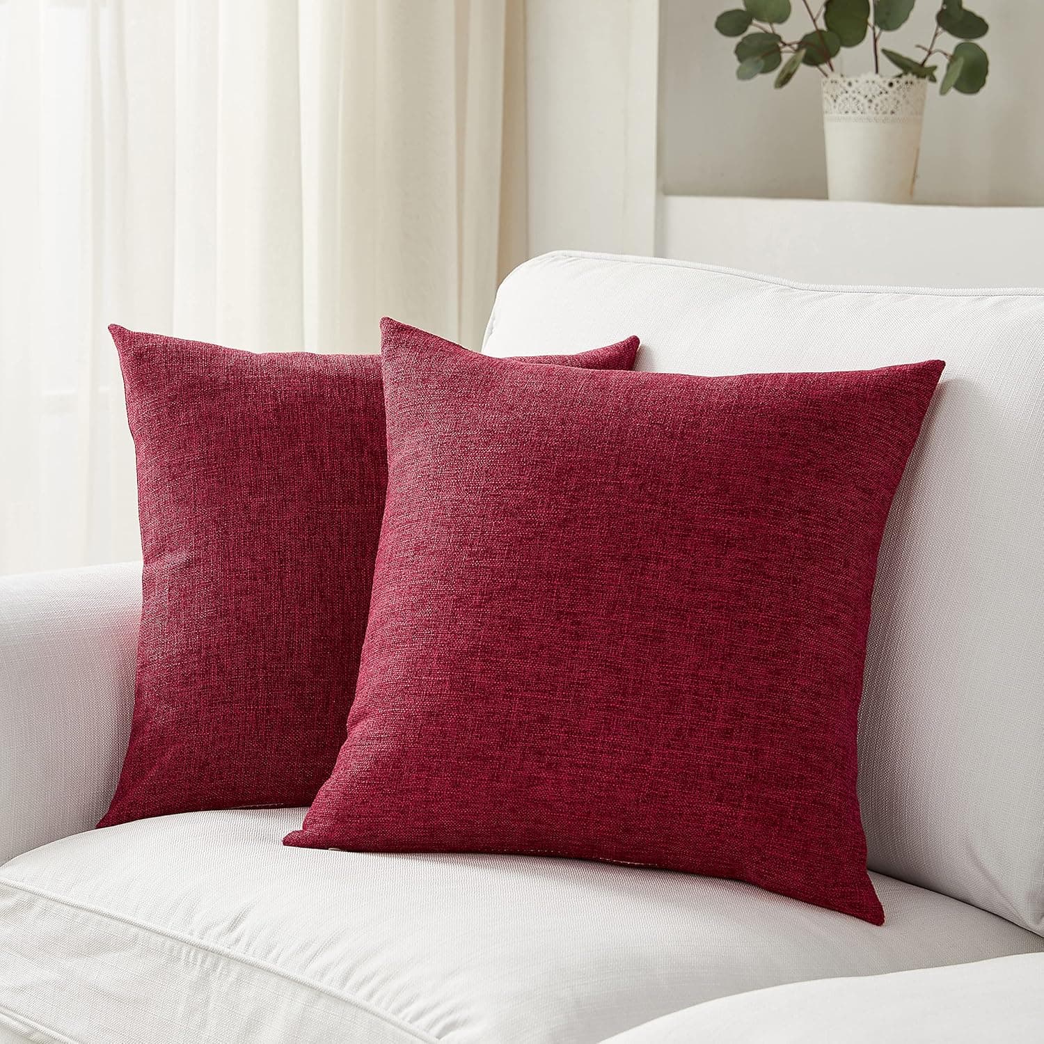 Meekio Set of 2 Burgundy Pillow Covers 20 x 20 Inch Farmhouse Boho Decorative Throw Pillow Covers Linen Cushion Covers for Sofa Couch Décor