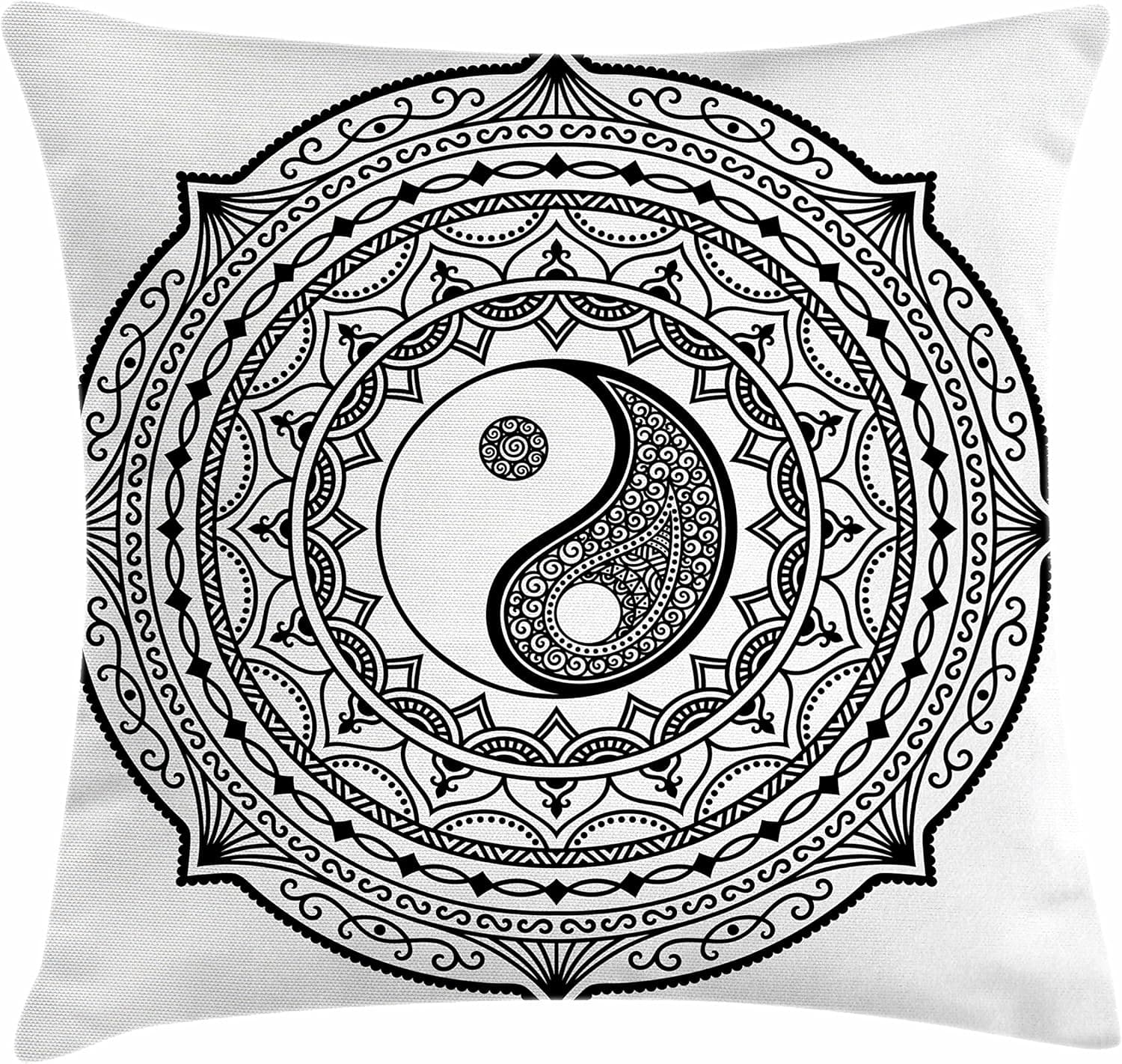 Ambesonne Ying Yang Throw Pillow Cushion Cover, Zentangle Look Circle Mandala Pattern Yin Yang Sign Made with Paisley Motif Karma Cosmos, Decorative Square Accent Pillow Case, 16" X 16", Black White