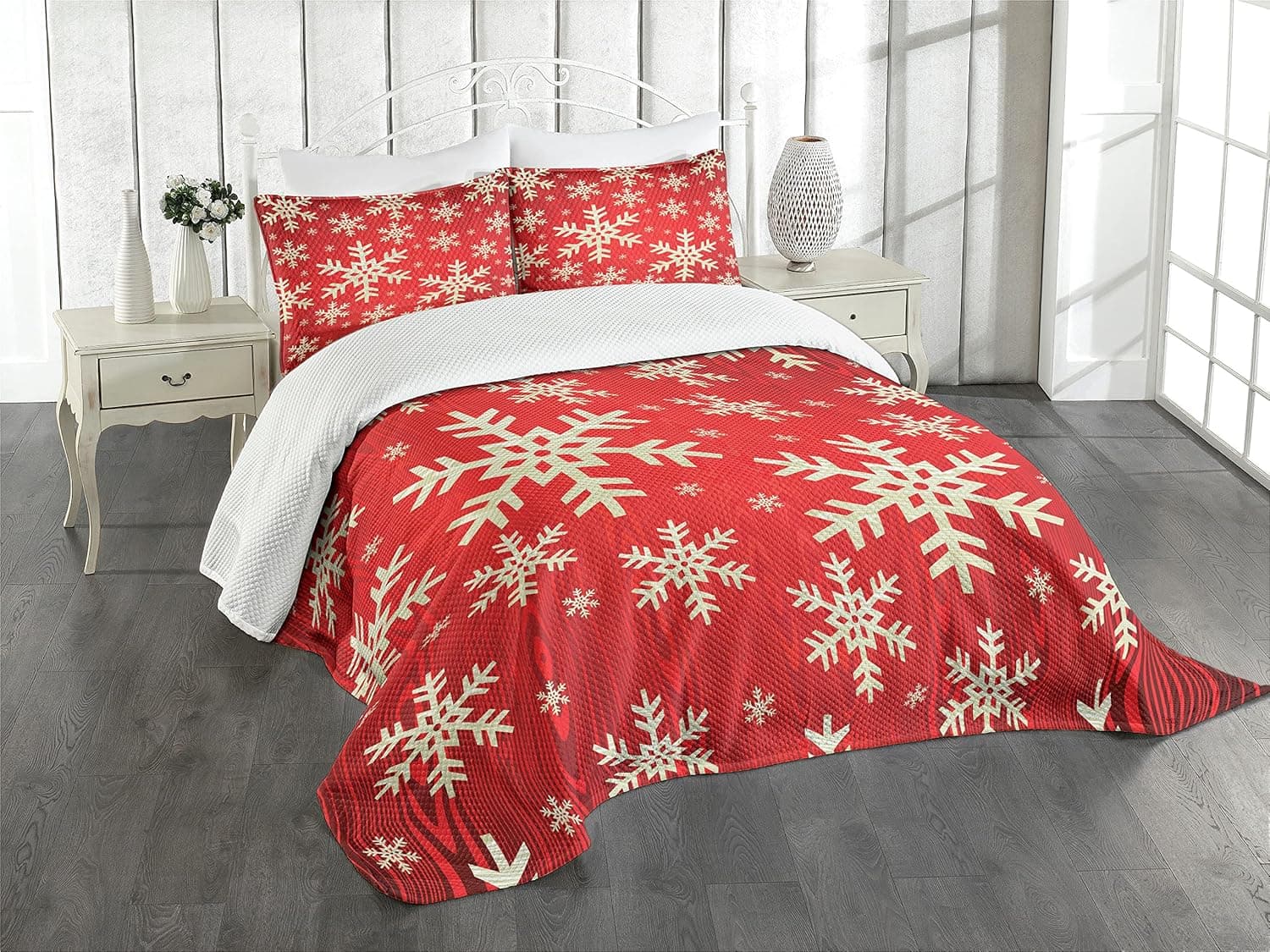 Lunarable Snowflake Bedspread, Christmas Winter Illustration Abstract Wooden Pattern Background, Decorative Quilted 3 Piece Coverlet Set with 2 Pillow Shams, King Size, Vermilion Cream