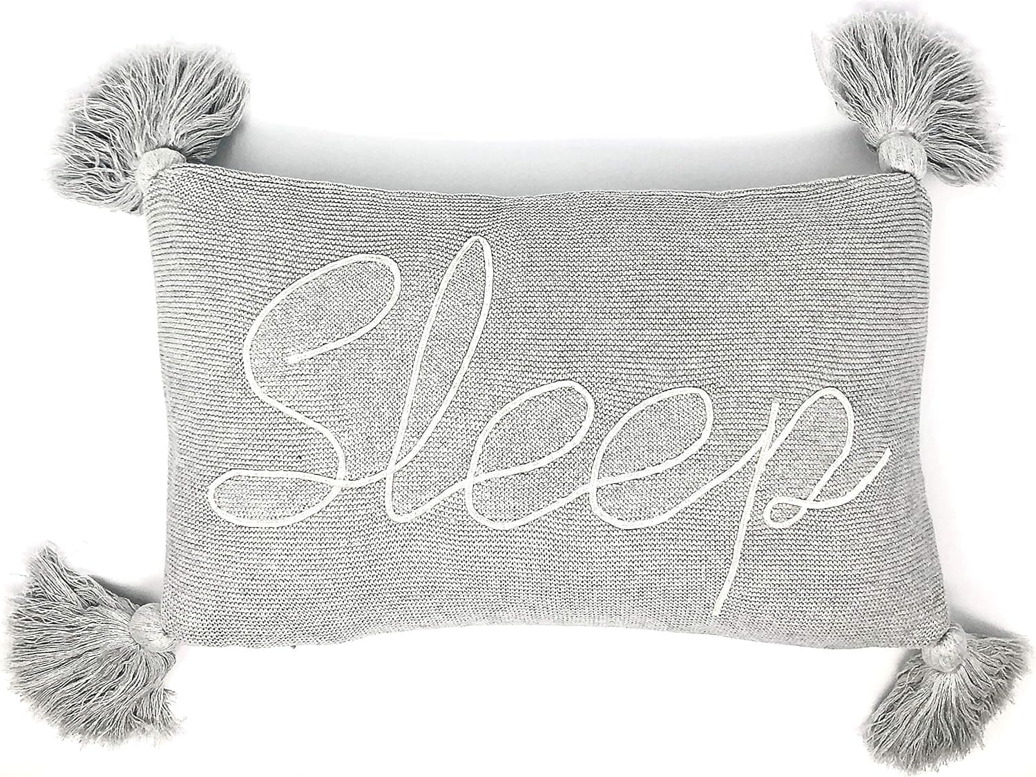Linen Perch Decorative Throw Pillow for Bed - Dorm Room Décor - Embroidered Sleep Pillow - Insert Included -100% Cotton Knit - Pillow with Tassels - Teen Girls Bedroom - Guest Room (Grey) 16" x 10"