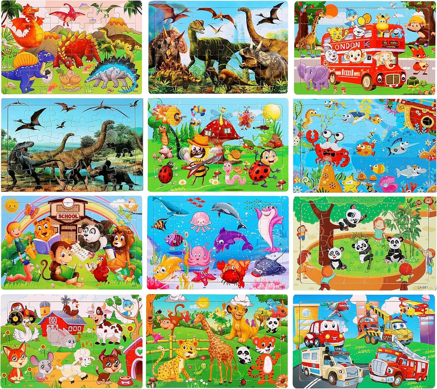 Jooley 30 Piece Floor Puzzle for Kids Toddler Puzzles 12 Pack Wooden Jigsaw Puzzle for Kids Age 3-5 4-8 Year Old, Educational Toys for Boys & Girls (12 Pack)