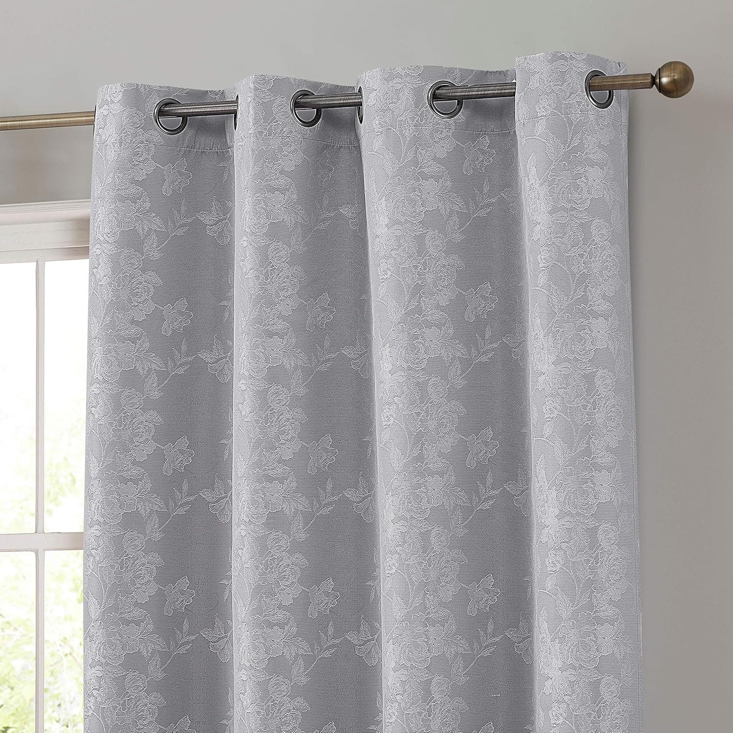 HLC.ME Serenity Floral 100% Complete Blackout Heavy Thermal Insulated Energy Savings Heat/Cold Blocking Grommet Curtain Drapery Panels for Bedroom & Living Room, 2 Panels (52 W x 63 L, Light Grey)
