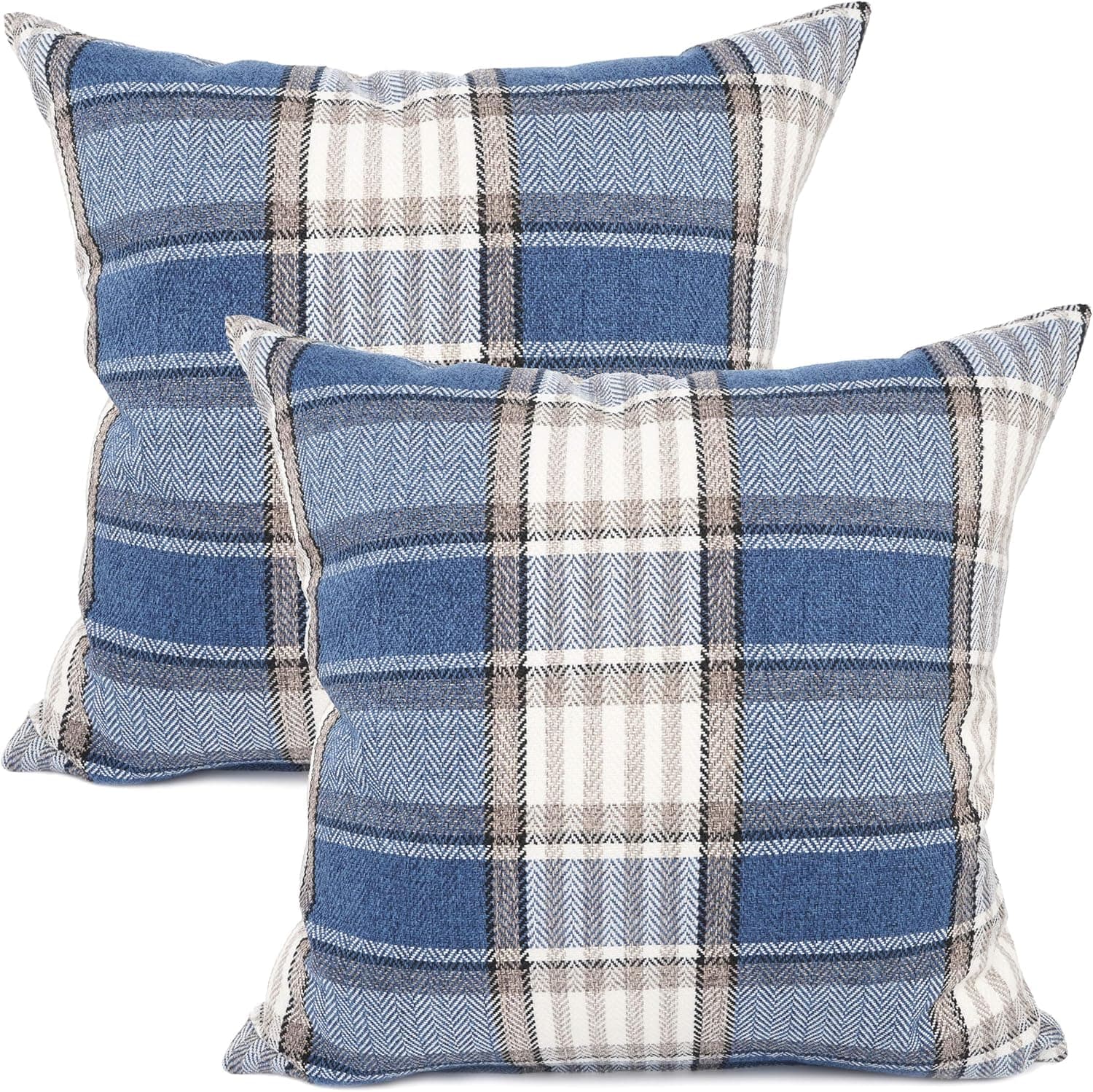 YOUR SMILE Set of 2 Retro Farmhouse Outdoor/Indoor Buffalo Tartan Chequer Stripe Plaid Cotton Linen Decorative Throw Pillow Case Cushion Cover Pillowcase for Sofa Chair,Blue,20x20inch