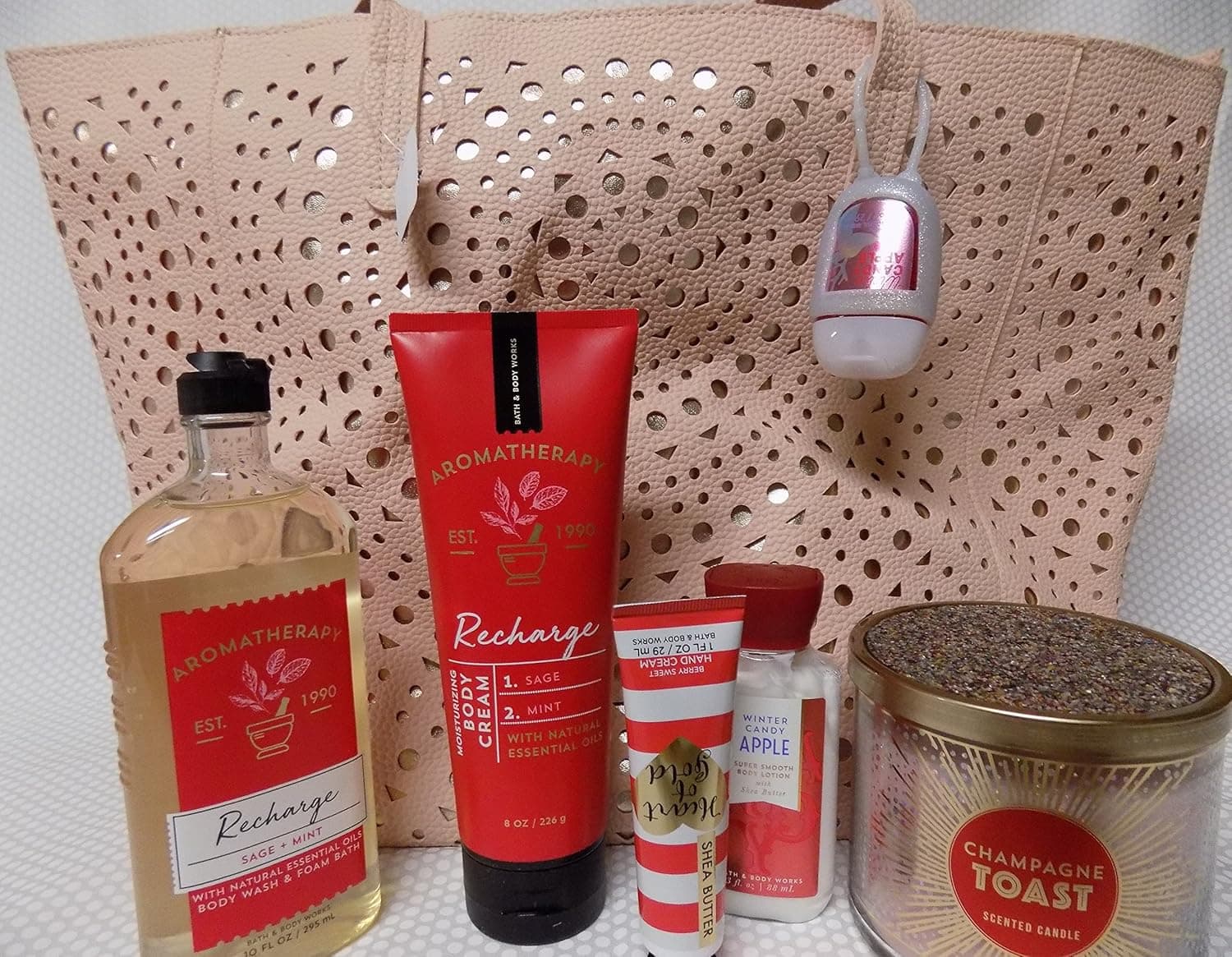 Large Winter 2017 Tote/Purse W 7 Items Beautifully Topped Champagne Toast Candle, Aromatherapy Recharge Body Cream, Wash, Mini Lotion, and Hand Cream, Anti Bac Holder and Gel Valued @115.75