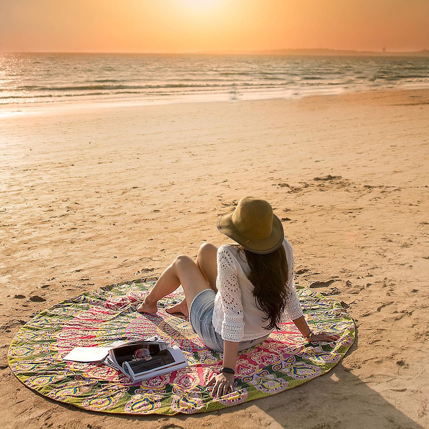 Folkulture Catsy Round Beach Blanket or Beach Towel, Oversized Thick Microfiber Terry Towel, Circle Mandala Super Water Absorbent Boho Towel, - 72 Inches, Green and Mustard