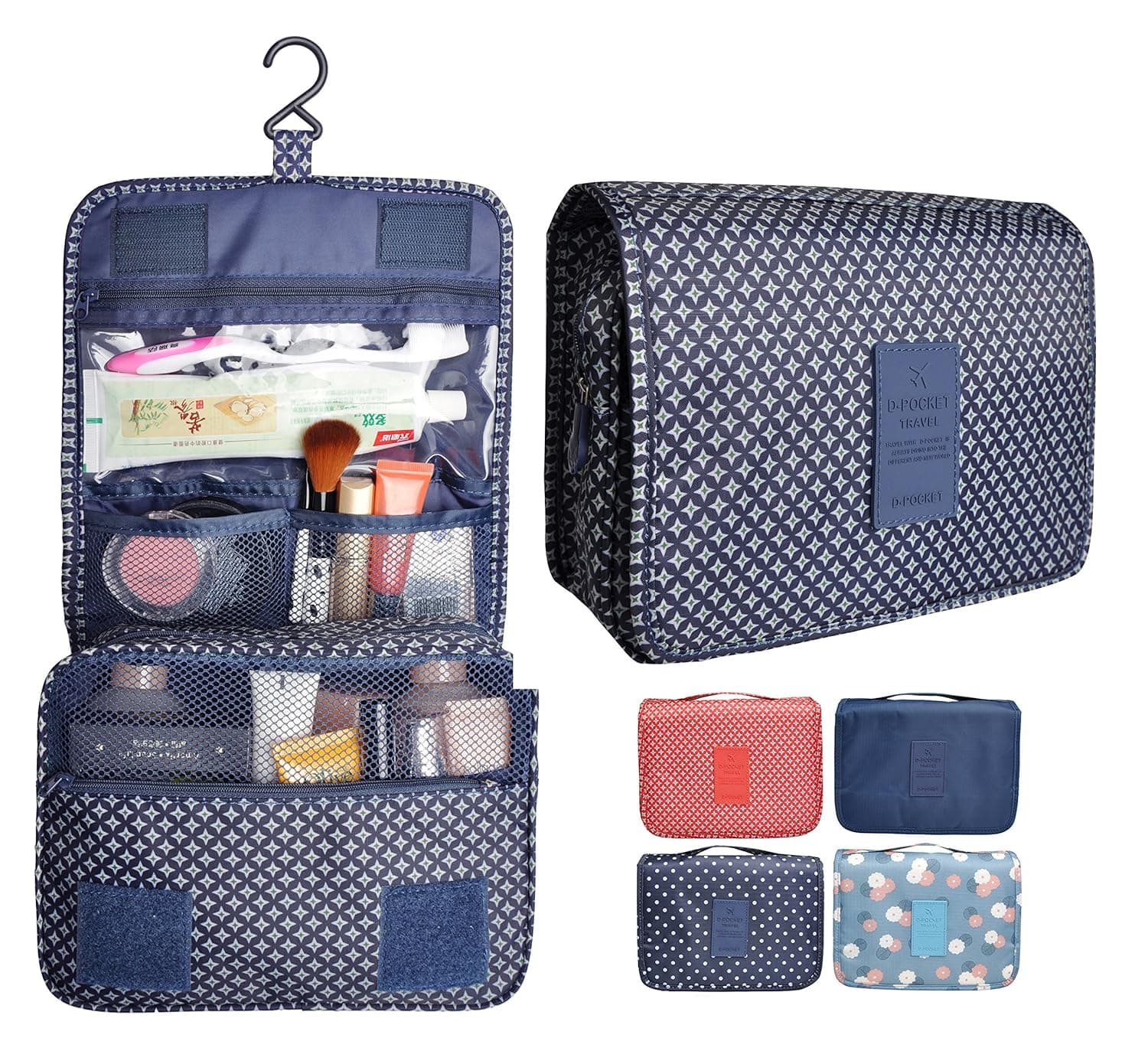 Portable Waterproof Travel Makeup Bag - Lady Color Foldable Organizer Travel Cosmetic Toiletry Bathroom Beach Bag for Women/Men, Shaving Kit with Hanging Hook for vacation (Navy Star)