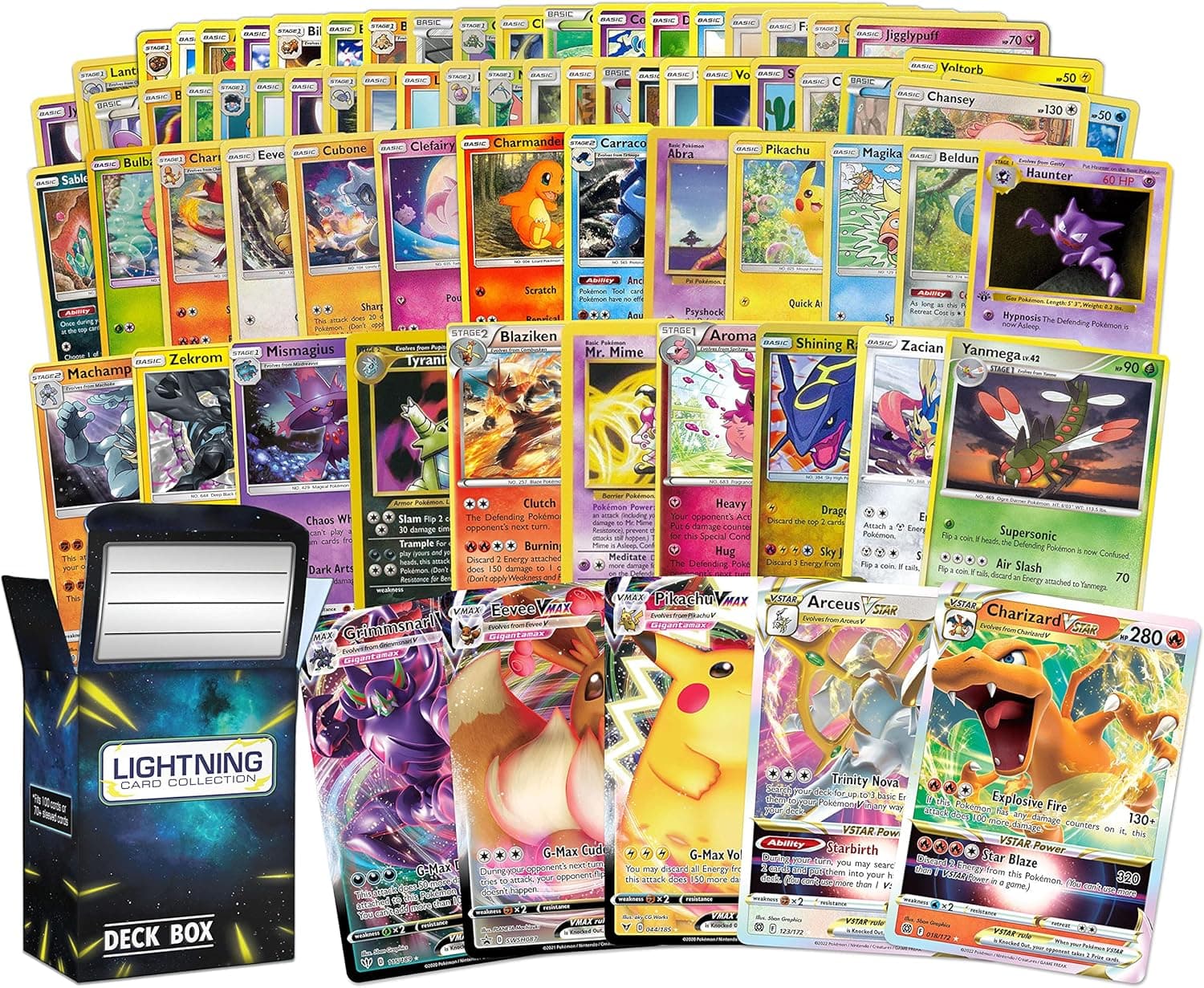 Lightning Card Collection Vmax Pack: 50 Assorted Cards, 2 Rare Cards, 1 Random Vmax or Vstar Card (300 HP or Higher) Plus an LCC Deck Box That is Compatible with Pokemon Cards