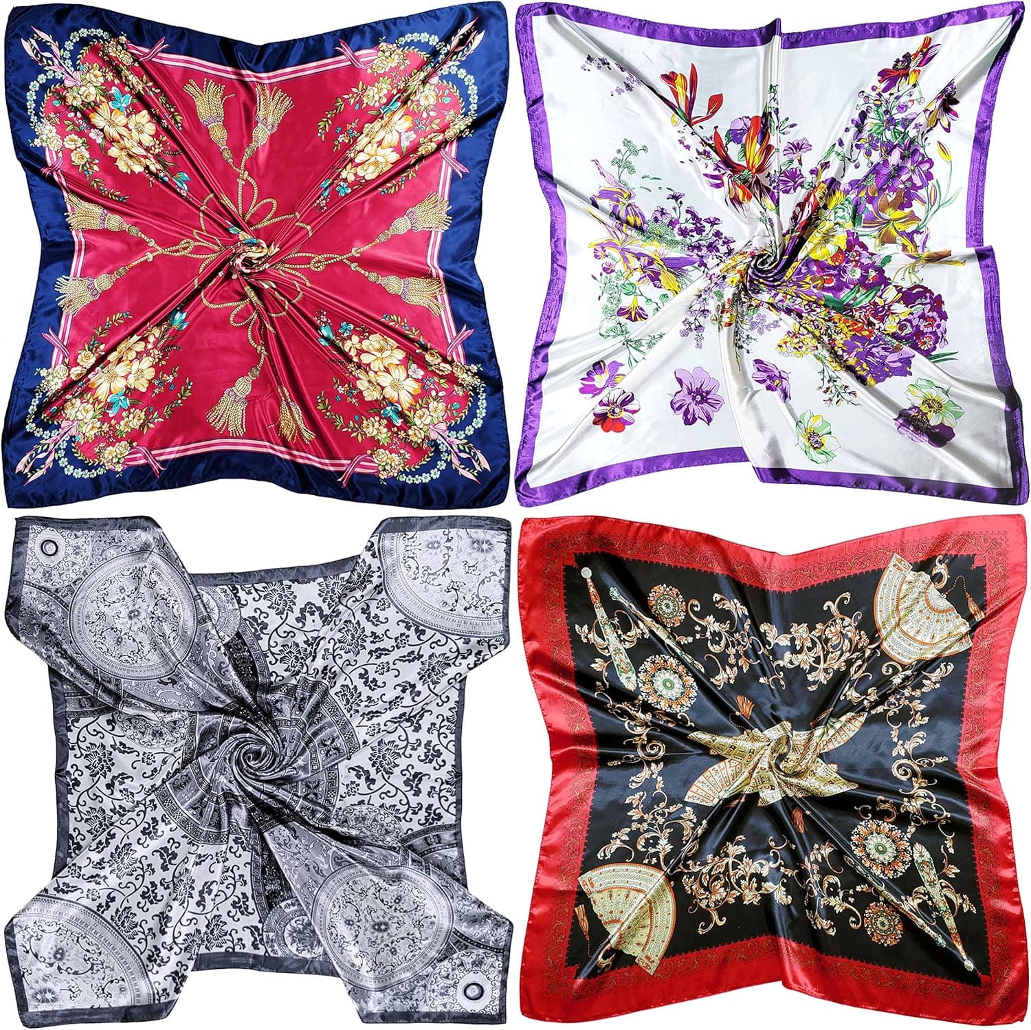 4 Pc Set Large 35 x 35 inches Satin Square Scarves Neck Hair Head Scarf Bundle