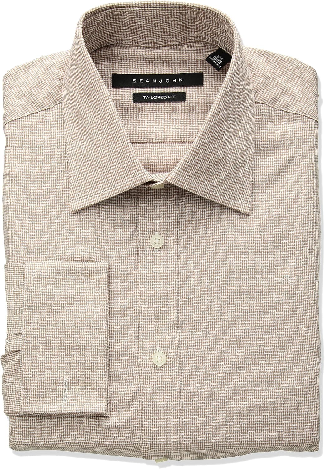 Sean John Men's Tailored Fit Check Spread Collar Dress Shirt
