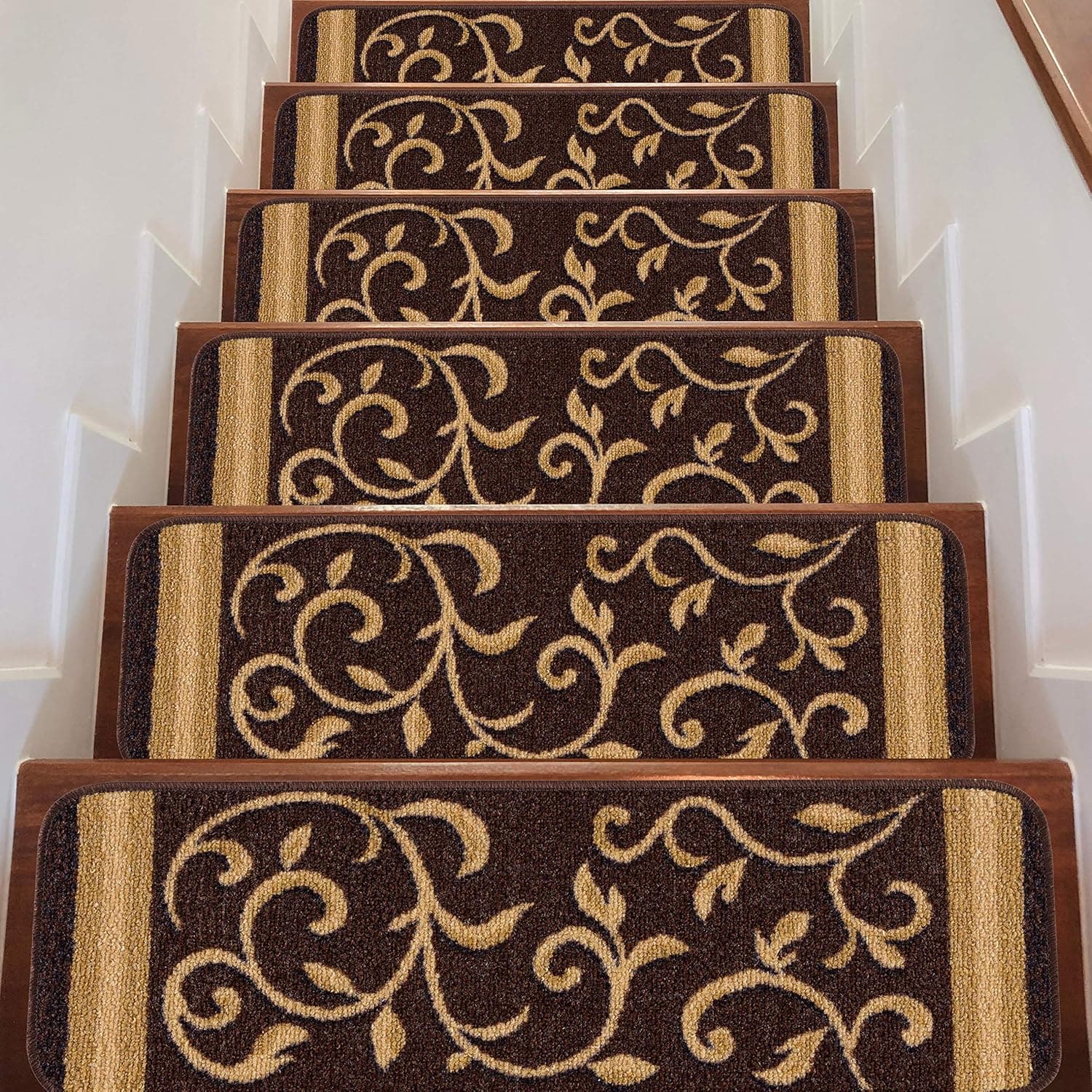 Beverly Rugs Stair Step Treads Non Slip for Wooden Steps, Indoor Carpet Runner Mats, Anti-Skid Rubber Backing, Pet Dog Stair Pads, Floral, Set of 7, Brown