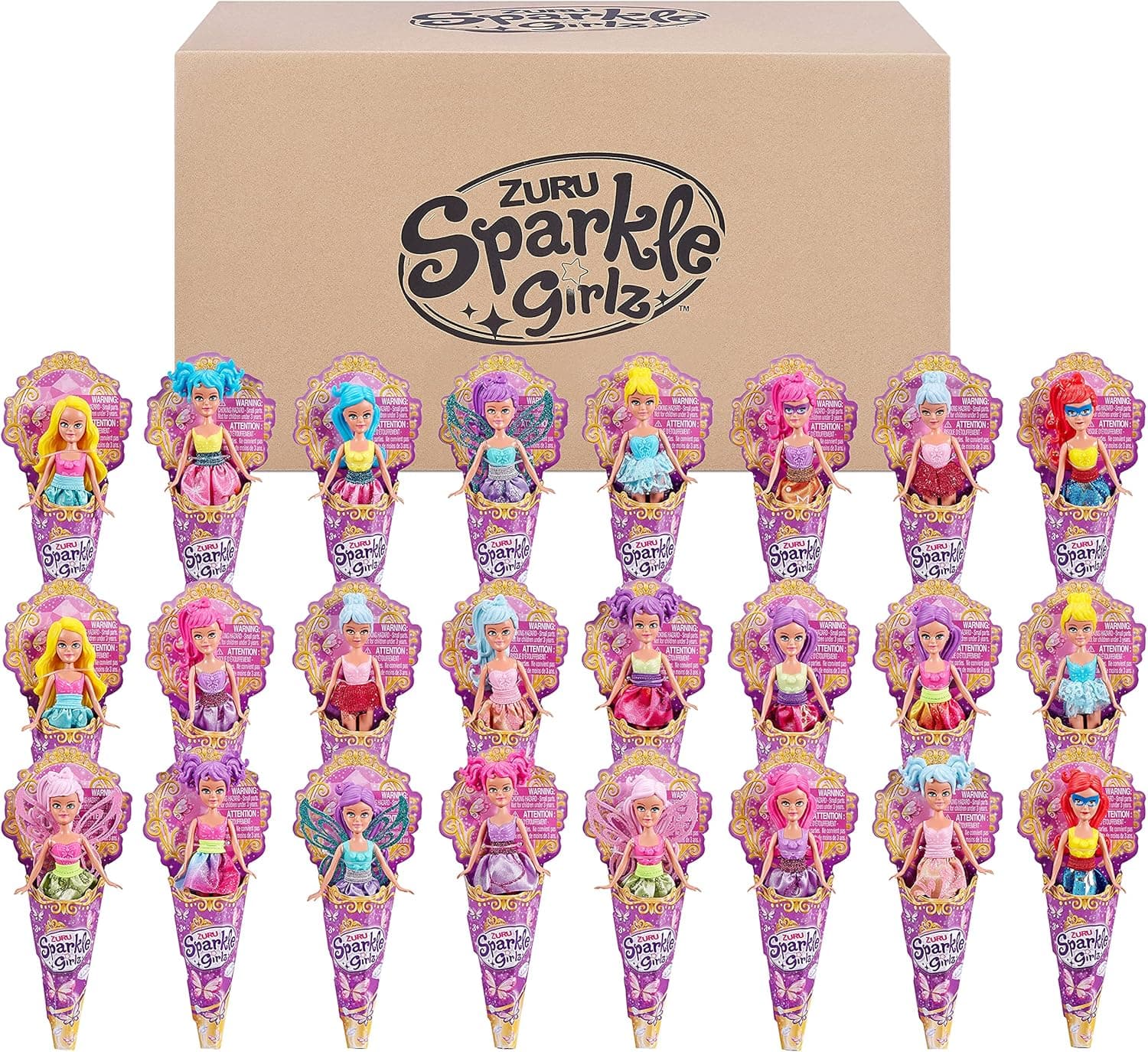 Sparkle Girlz 24 Mini Cute Dolls in a Cone by ZURU Miniature Toys, Fairy, Princess, Wings, Superhero, Removeable Outfit, Sparkly Toys, 4 Inch Play Dolls for Girls, Children Ages 3+ (24 Dolls Total)