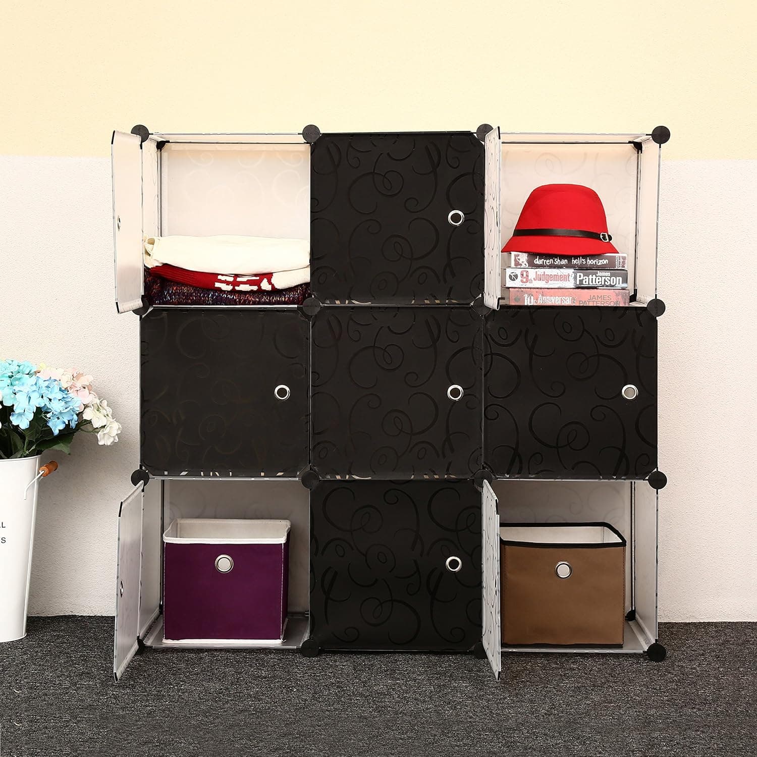 C&AHOME -DIY Bookcase Media Storage Standing Shelf Storage Cabinet Cube of 9 (Black Cross Door)