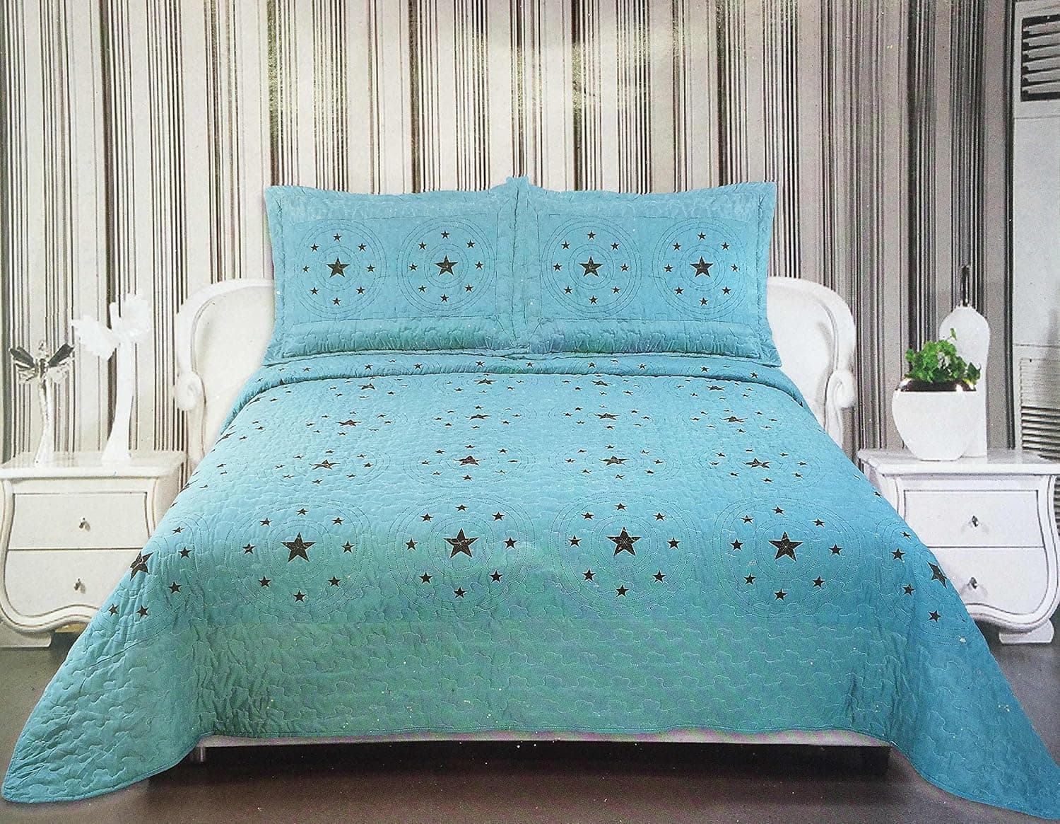 Western Peak 3 Pcs Star Patterned Luxury Quilt Bedspread Comforter Turquoise (Queen)