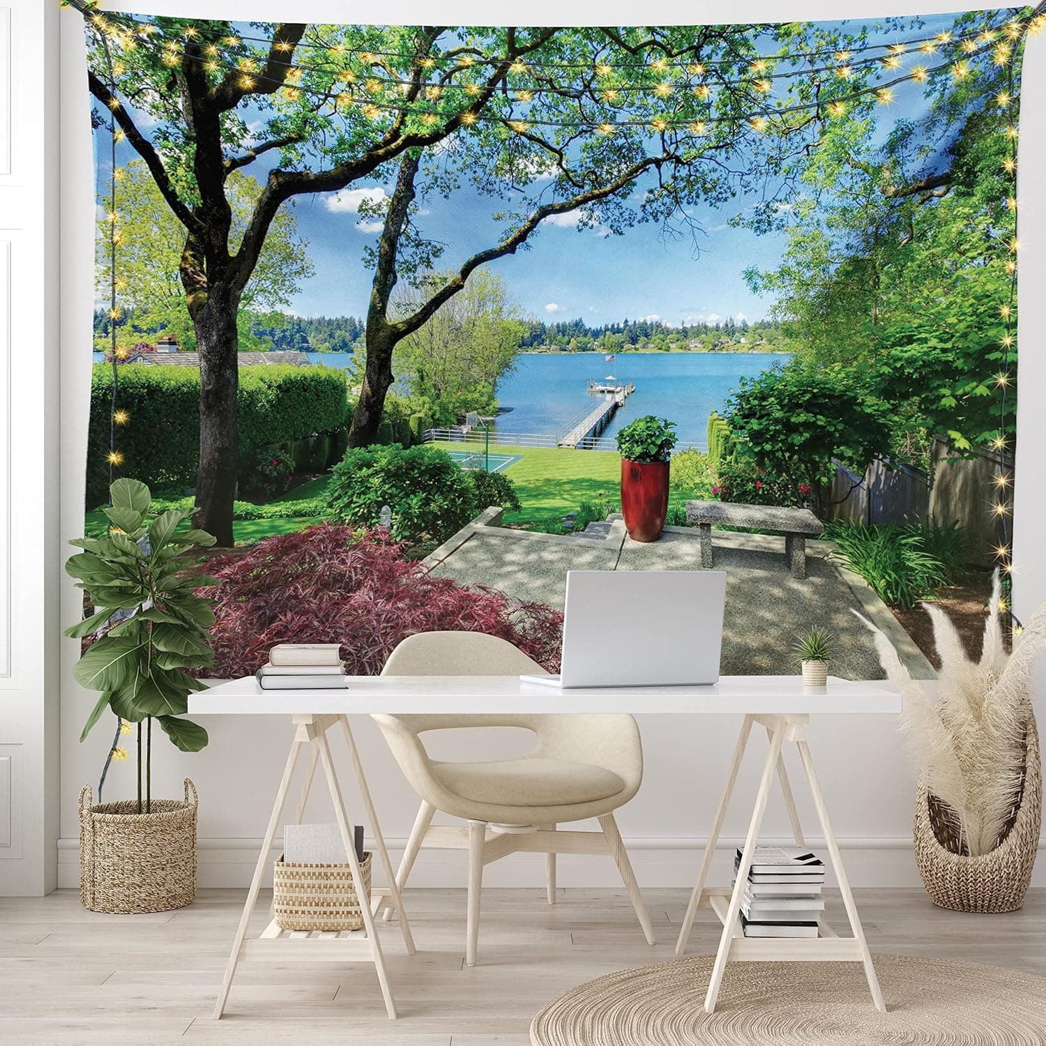 Ambesonne Seascape Tapestry, Seascape Scenery in a Back Yard Garden with Trees Leaves and Photo Art, Wide Wall Hanging for Bedroom Living Room Dorm, 80" X 60", Green Blue